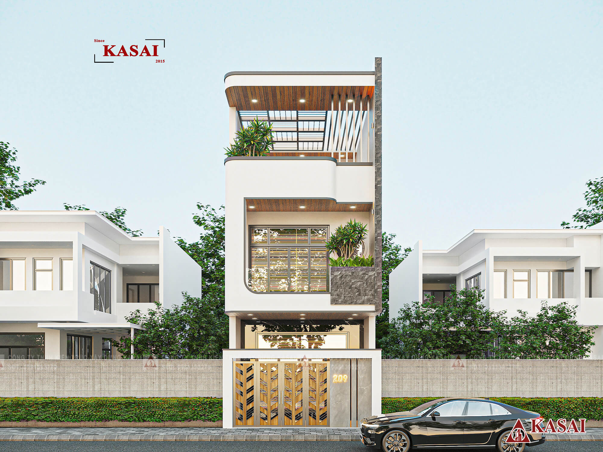 Thiết kế nhà 3 tầng mặt tiền 5m mái bằng