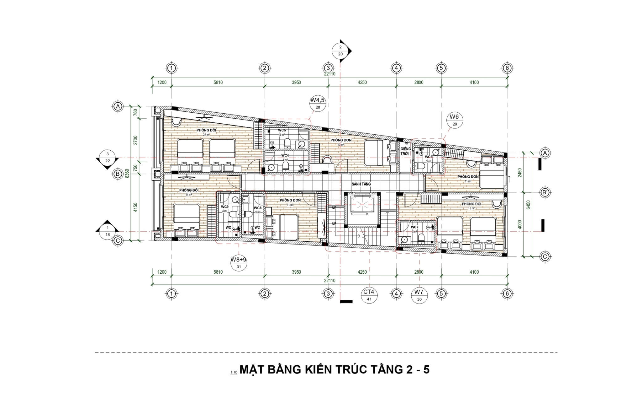 Mặt bằng tầng 2-5 thiết kế căn hộ Apartment