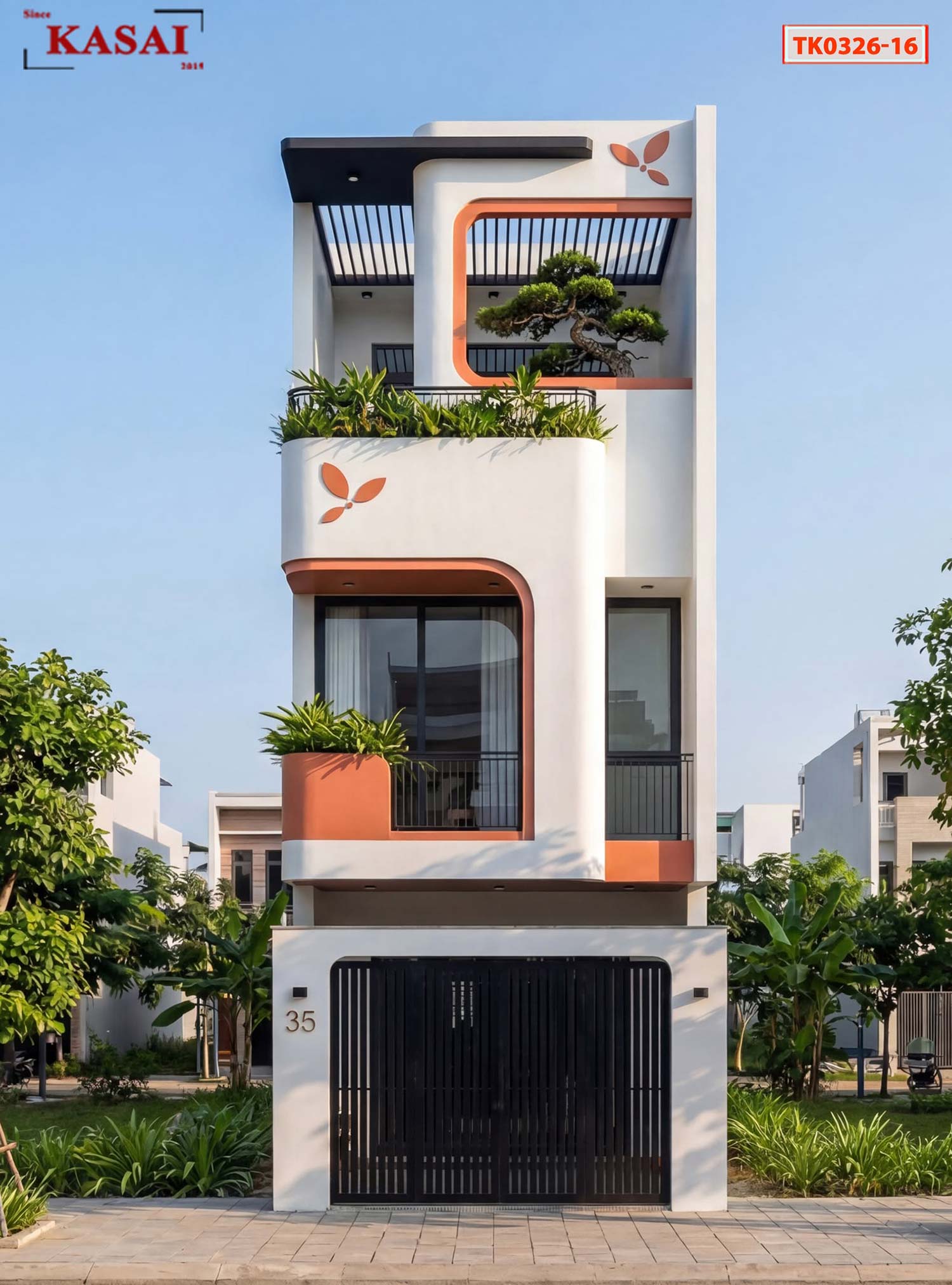 Thiết kế nhà 3 tầng mặt tiền 5m mái bằng