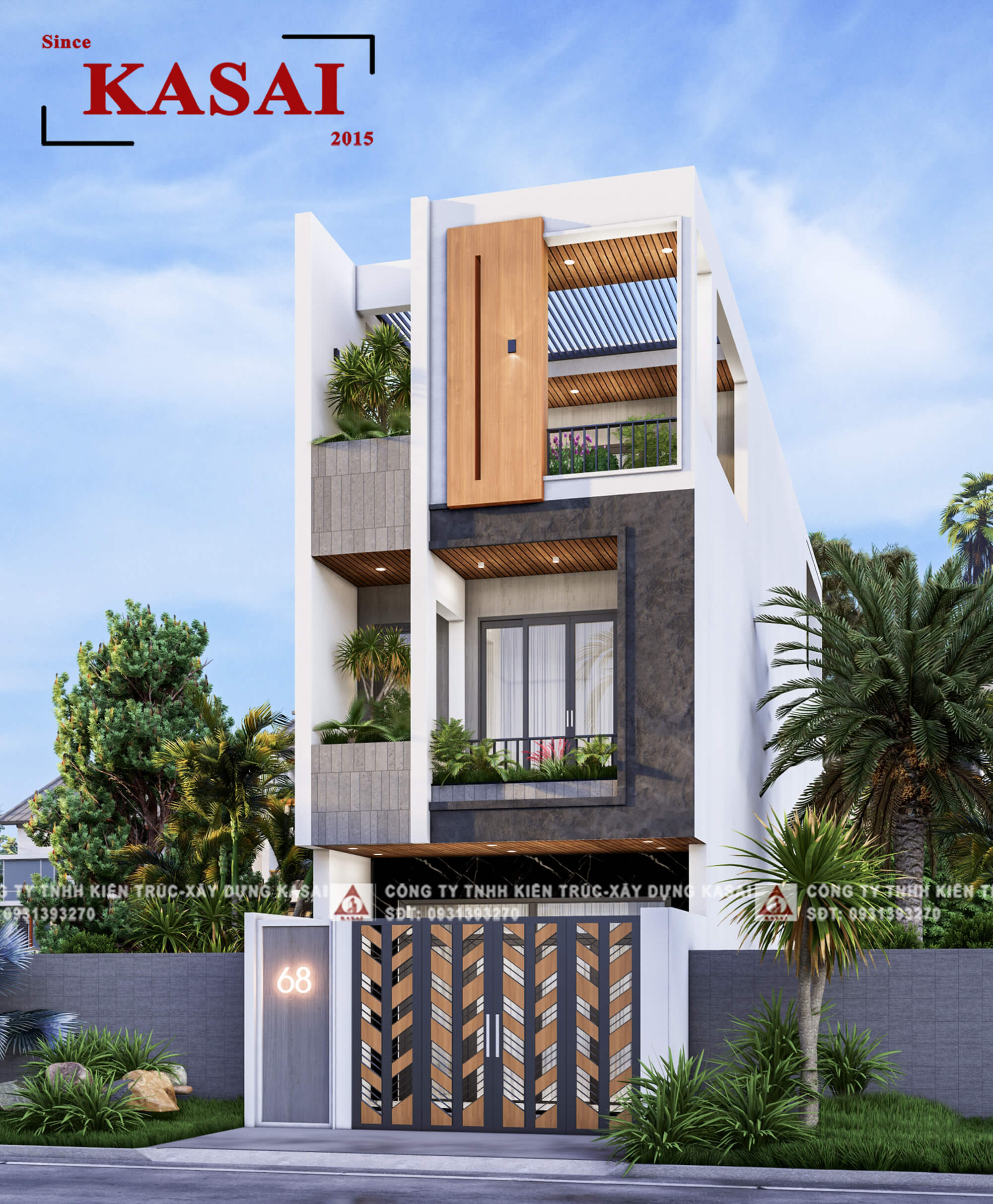 Thiết kế nhà 3 tầng mặt tiền 5m mái bằng