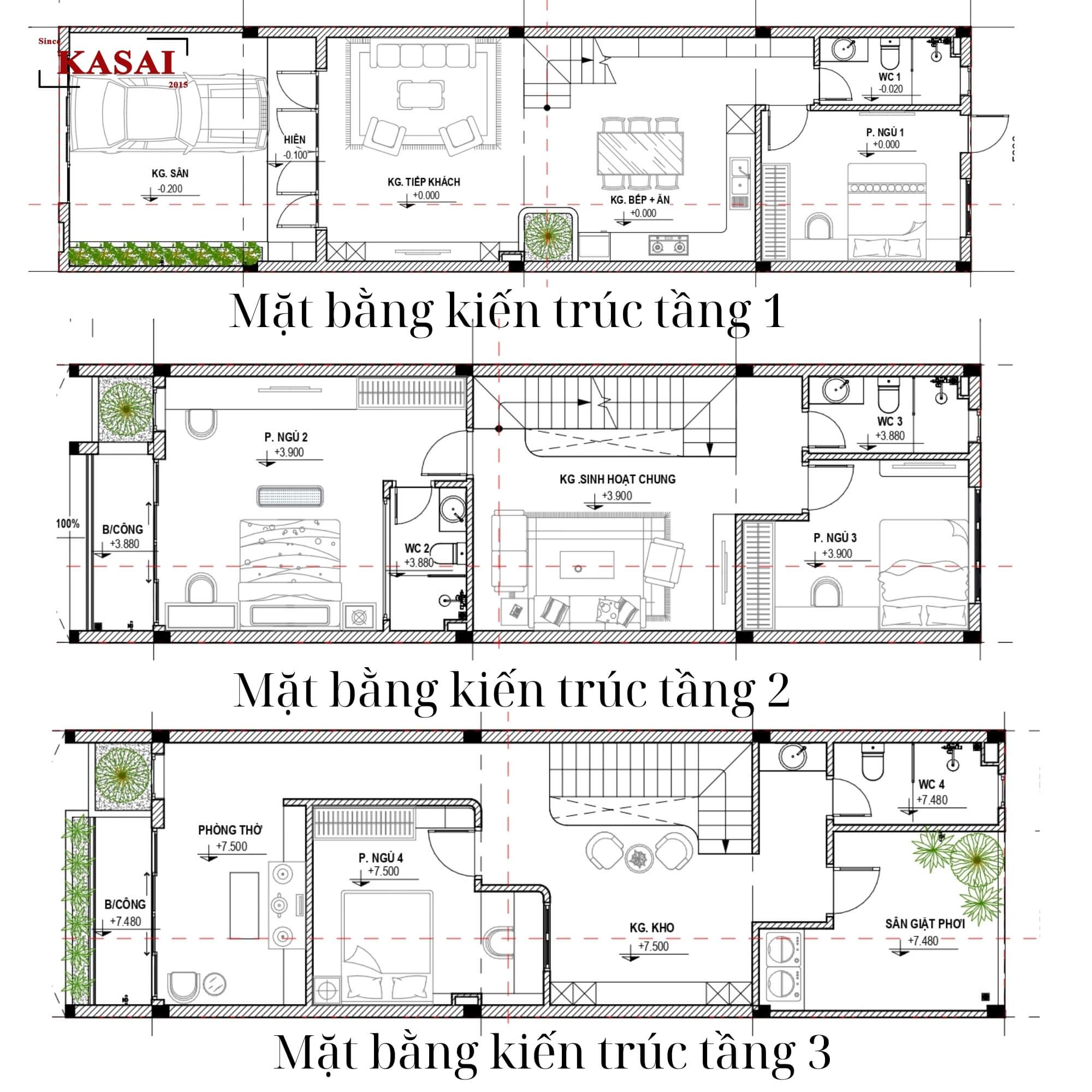 Mặt bằng kiến trúc nhà 3 tầng 4 phòng ngủ 5x20