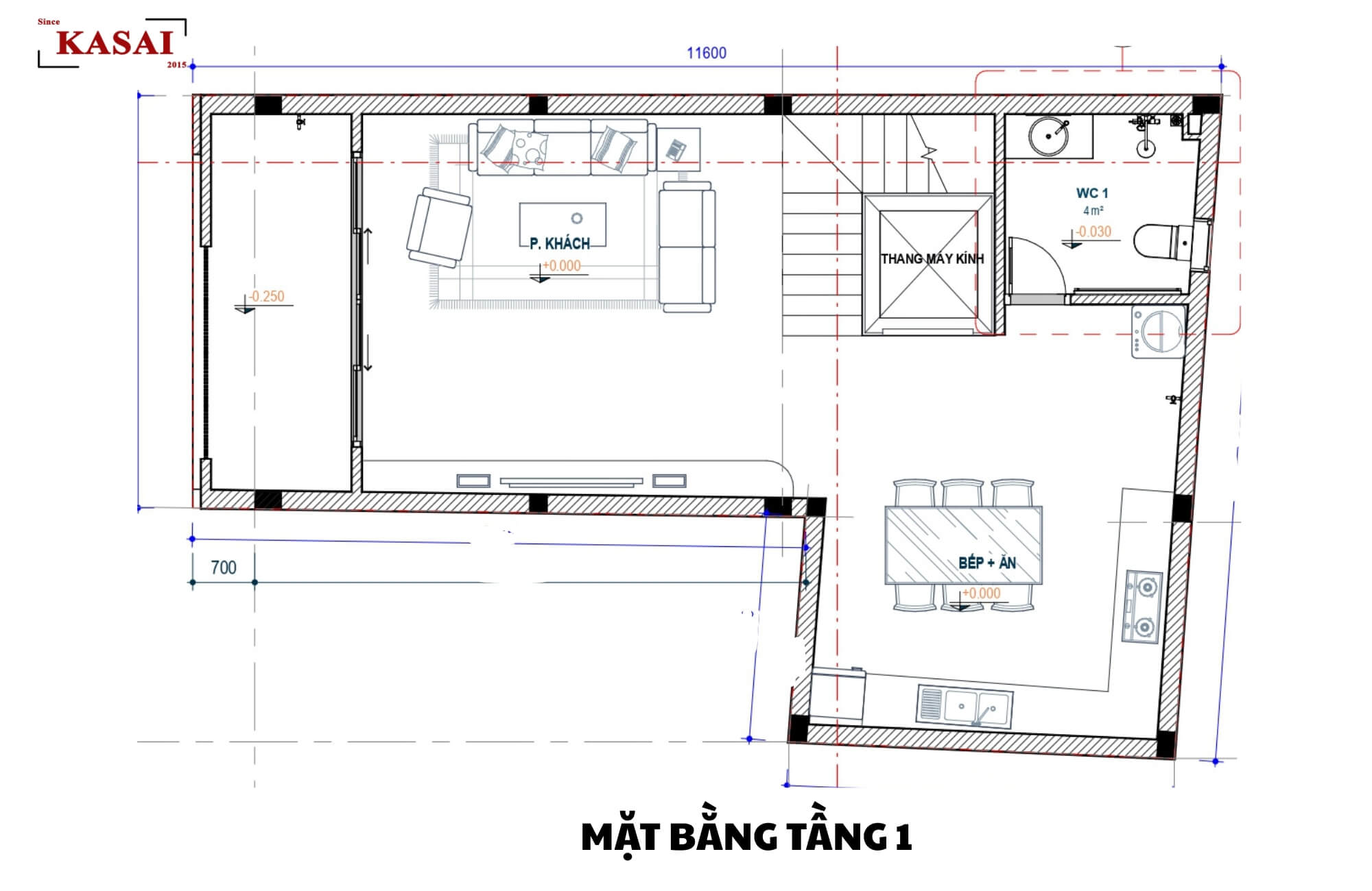 Mặt bằng tầng 1 mẫu thiết kế nhà 3 tầng 7x10m