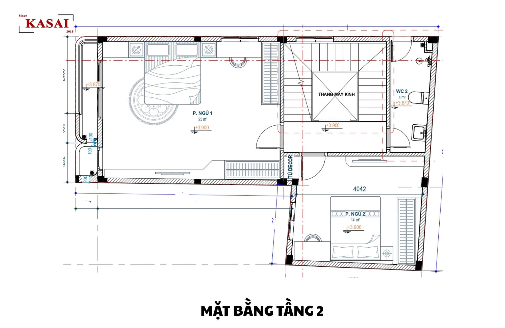 Mặt bằng tầng 2 mẫu thiết kế nhà 3 tầng 7x10m