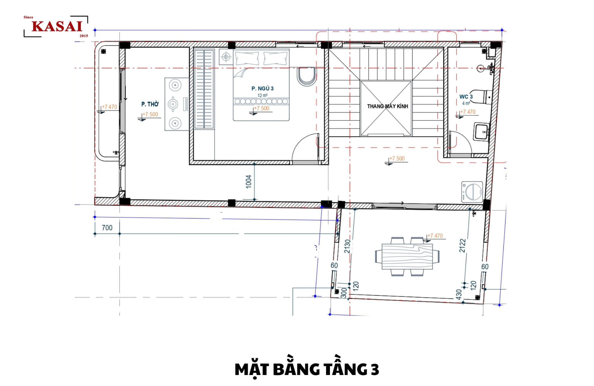 Mặt bằng tầng 3 mẫu thiết kế nhà 3 tầng 7x10m