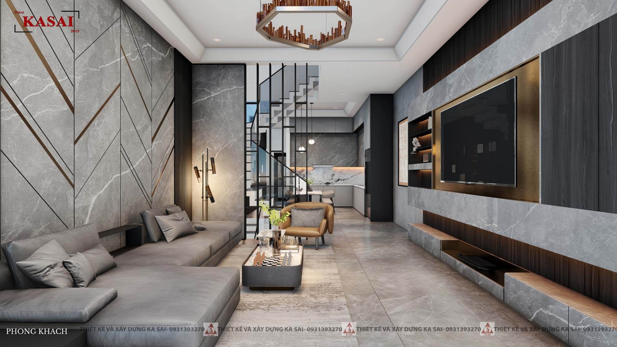 Phòng khách nhà 3 tầng có tầng hầm