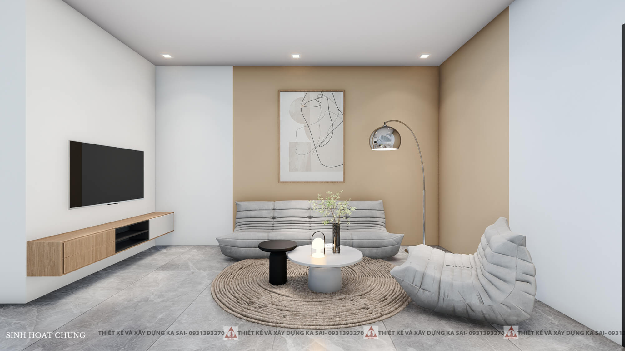 Phòng sinh hoạt chung nhà 3 tầng 4 phòng ngủ 5x20