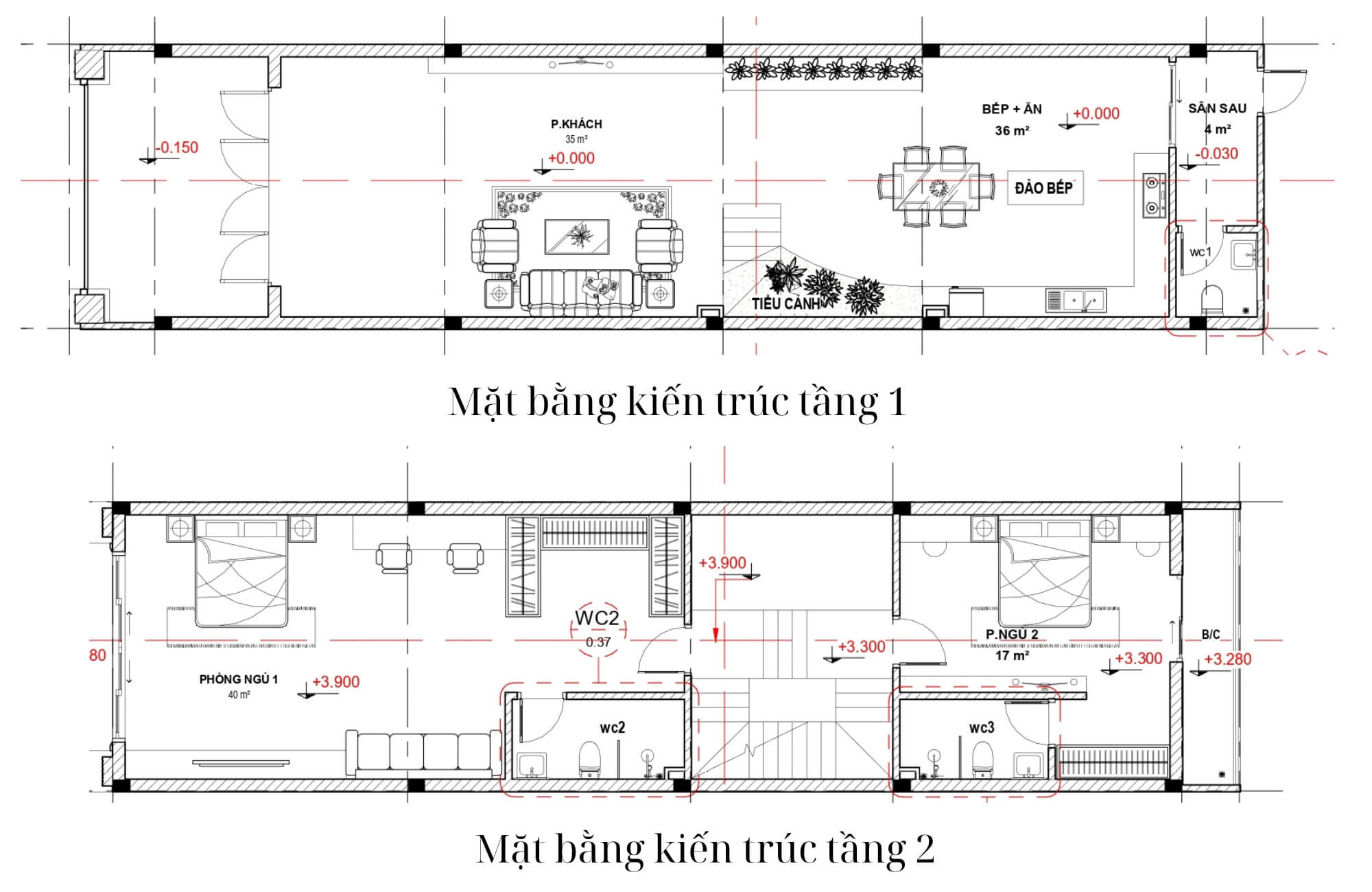 Bản vẽ mặt bằng kiến trúc tầng 1, 2 nhà 4 tầng tân cổ điển