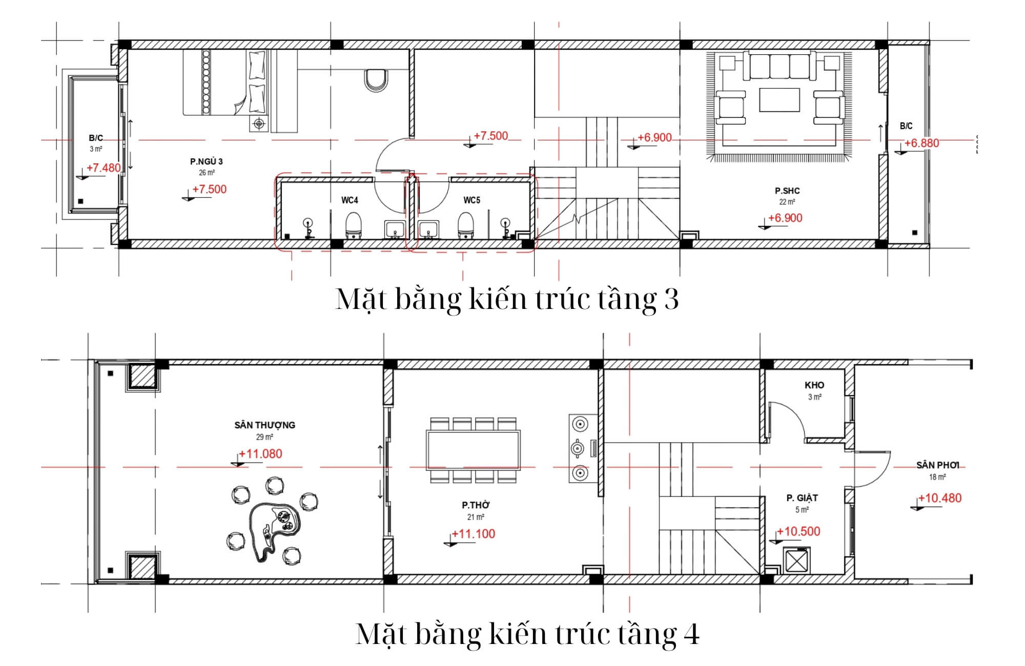 Bản vẽ mặt bằng kiến trúc tầng 3, 4 nhà 4 tầng tân cổ điển