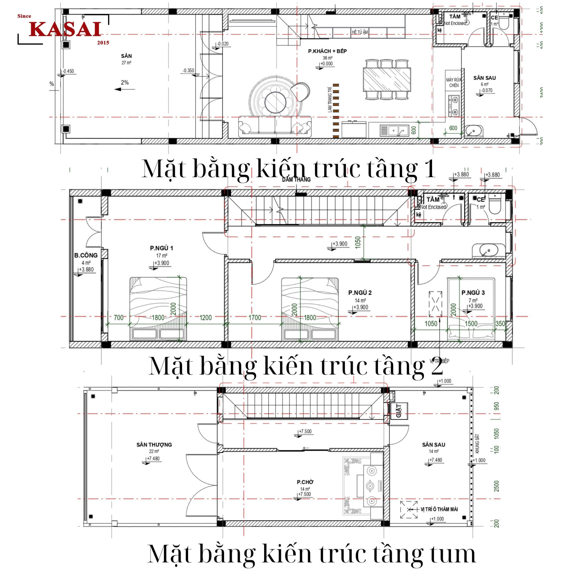 Bản vẽ mặt bằng nhà N's House 2 tầng 1 tum 4 phòng ngủ