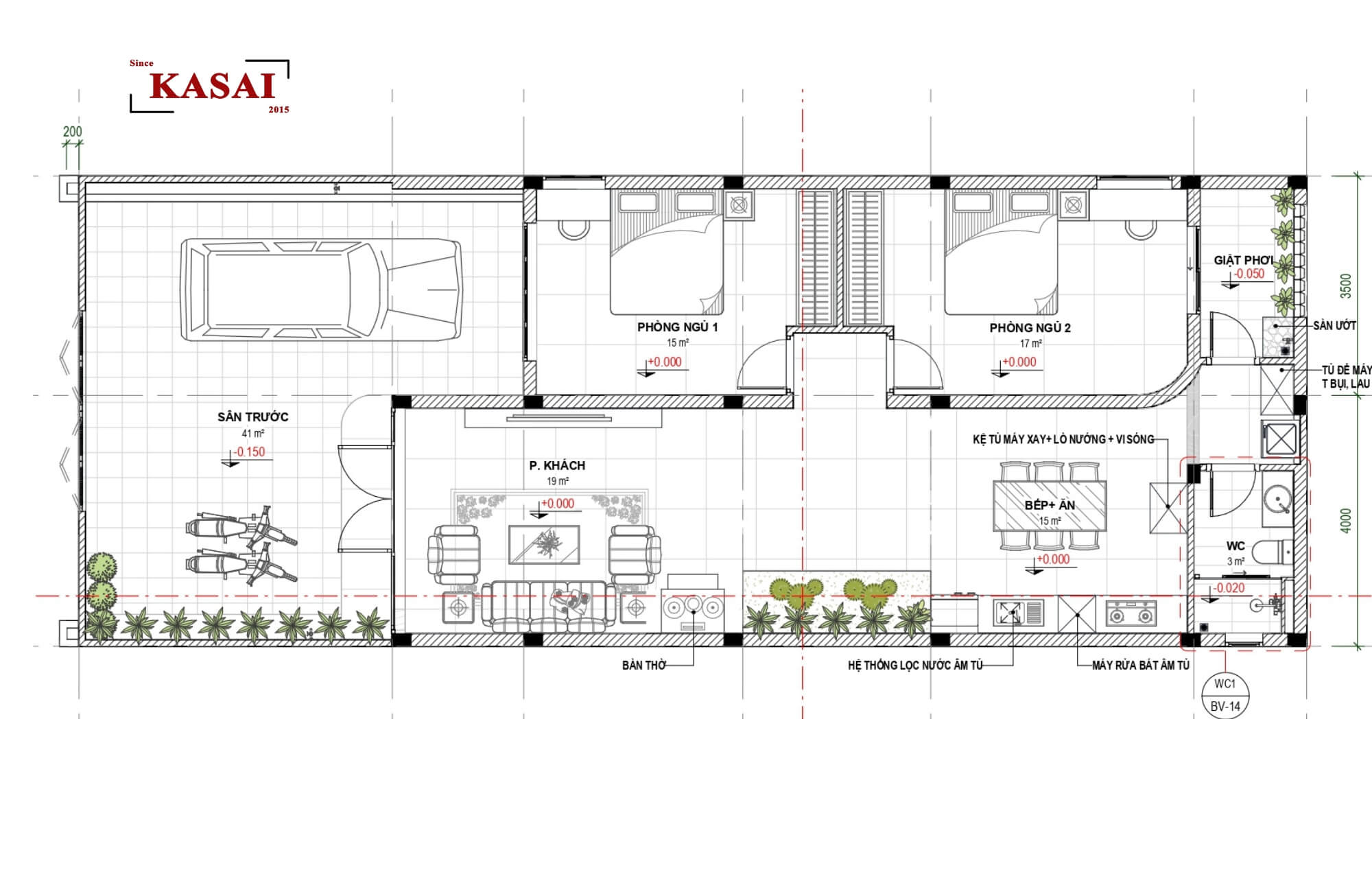 Bản vẽ mặt bằng nhà cấp 4 7x15m 2 phòng ngủ