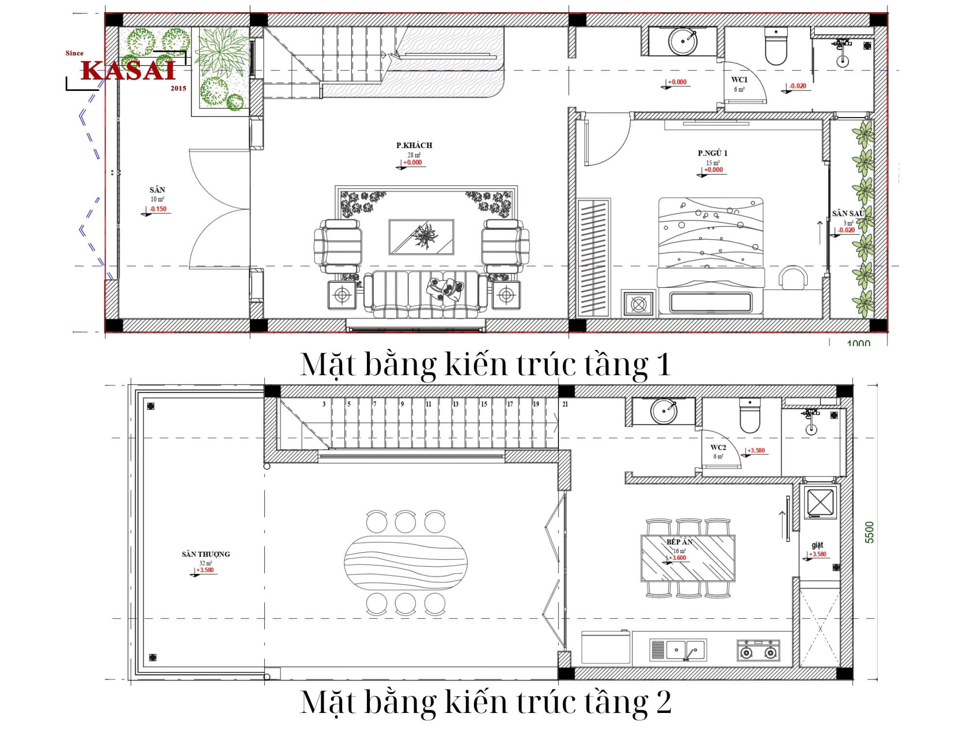 Bản vẽ nhà 2 tầng diện tích 5mx15m