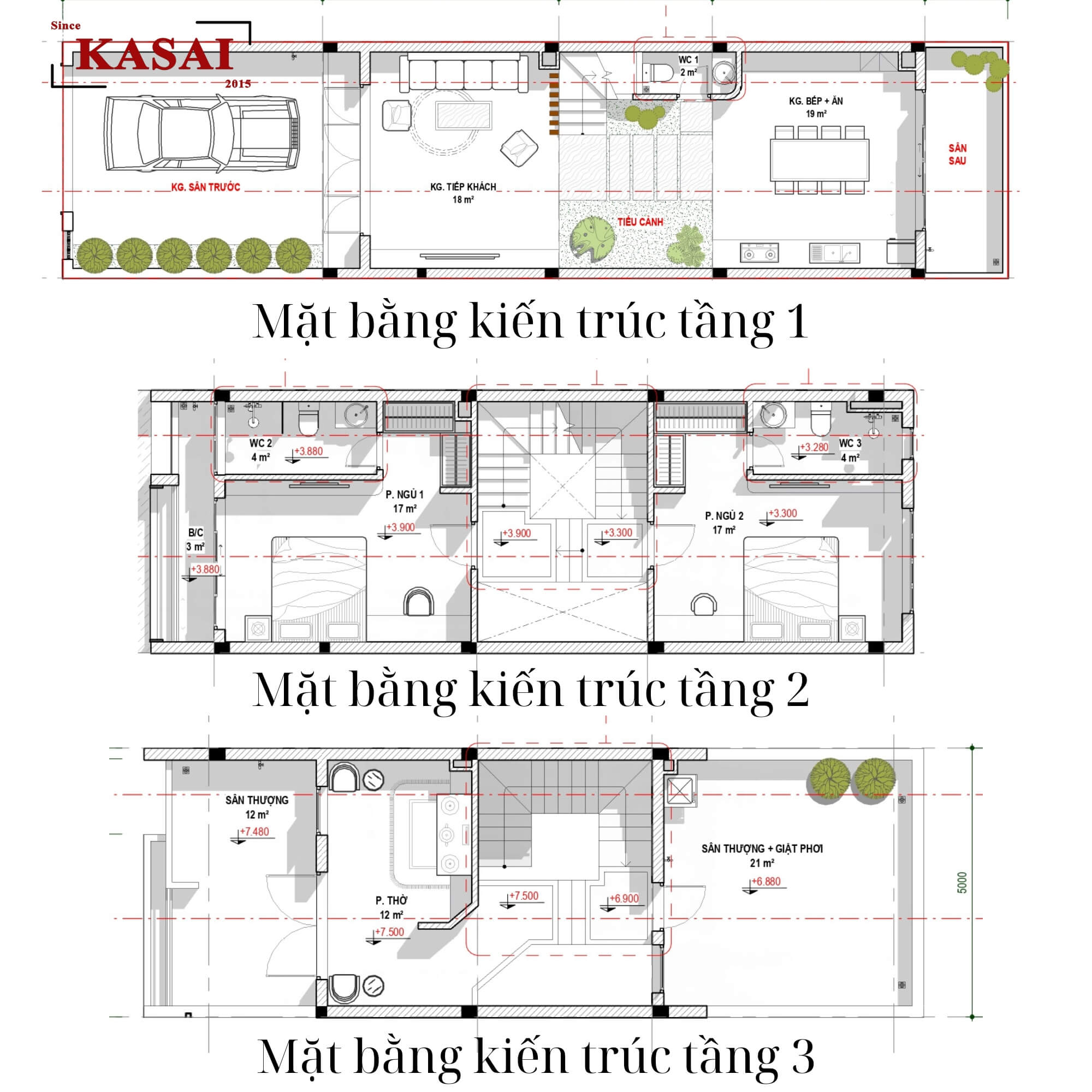 Bản vẽ thiết kế nhà 5x20 hiện đại 3 tầng 2 phòng ngủ