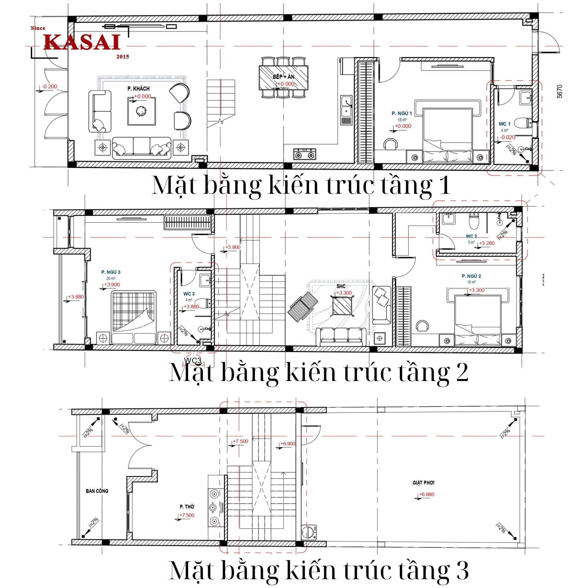 Bản vẽ thiết kế nhà 3 tầng 6x20