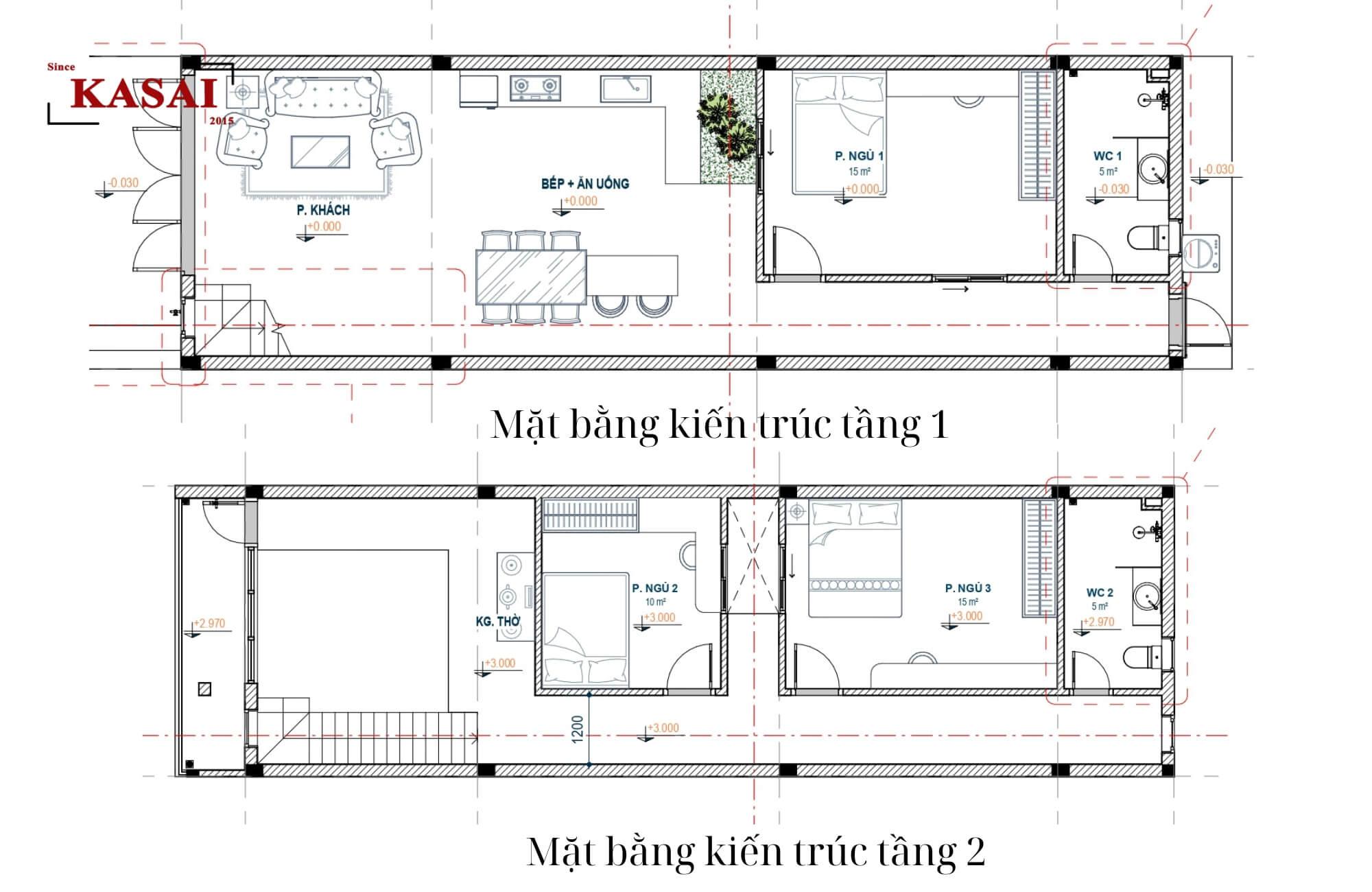 Mặt bằng bản vẽ nhà 2 tầng 5x15m