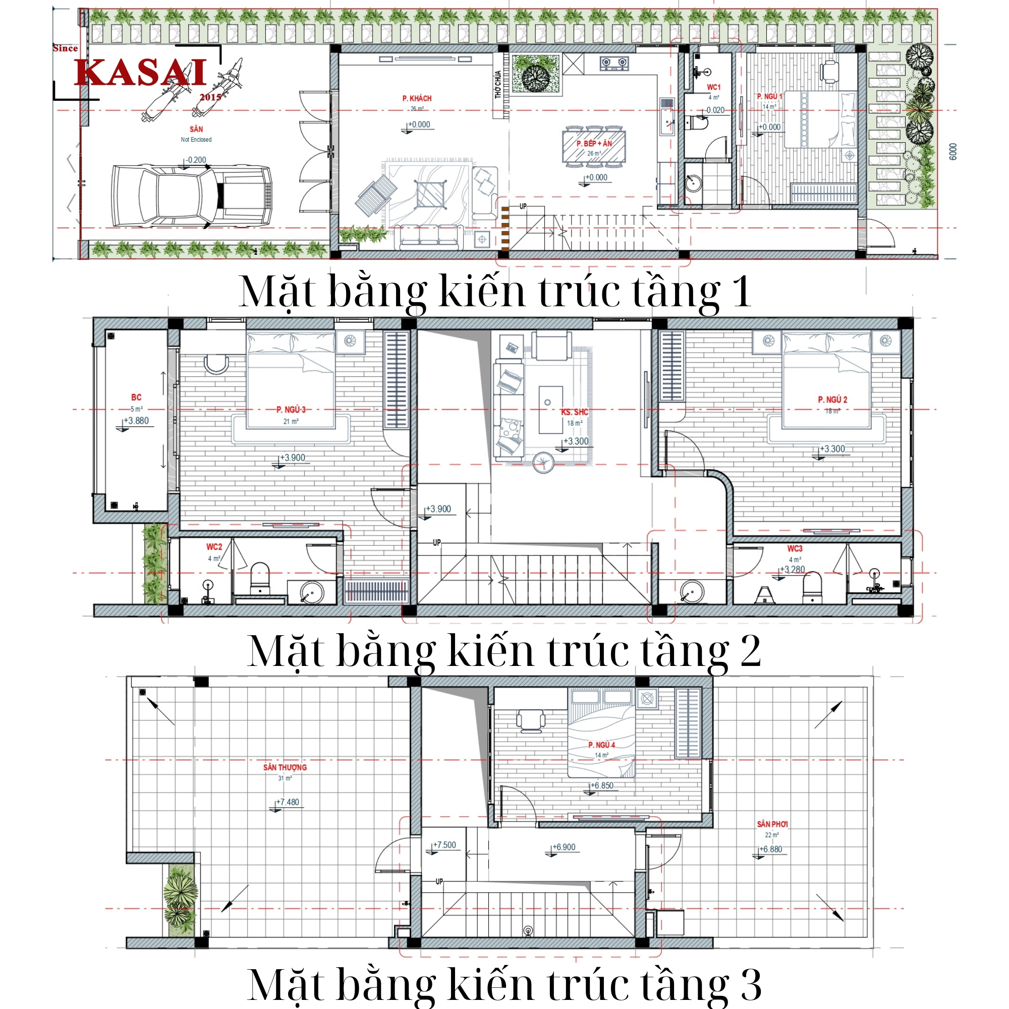 Mặt bằng kiến trúc nhà 3 tầng 6x20m đẹp