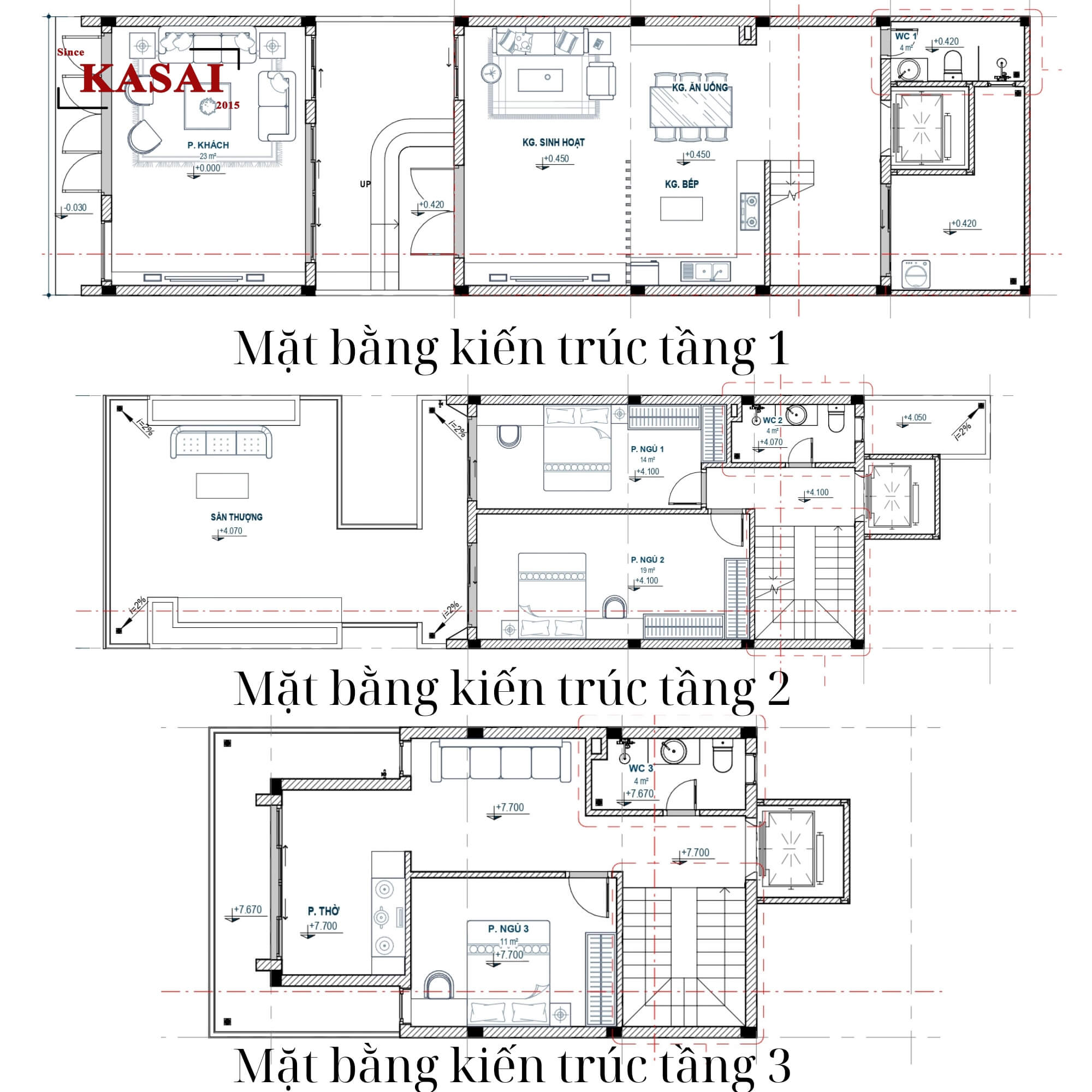 Mặt bằng kiến trúc nhà 3 tầng mái Nhật 6x20