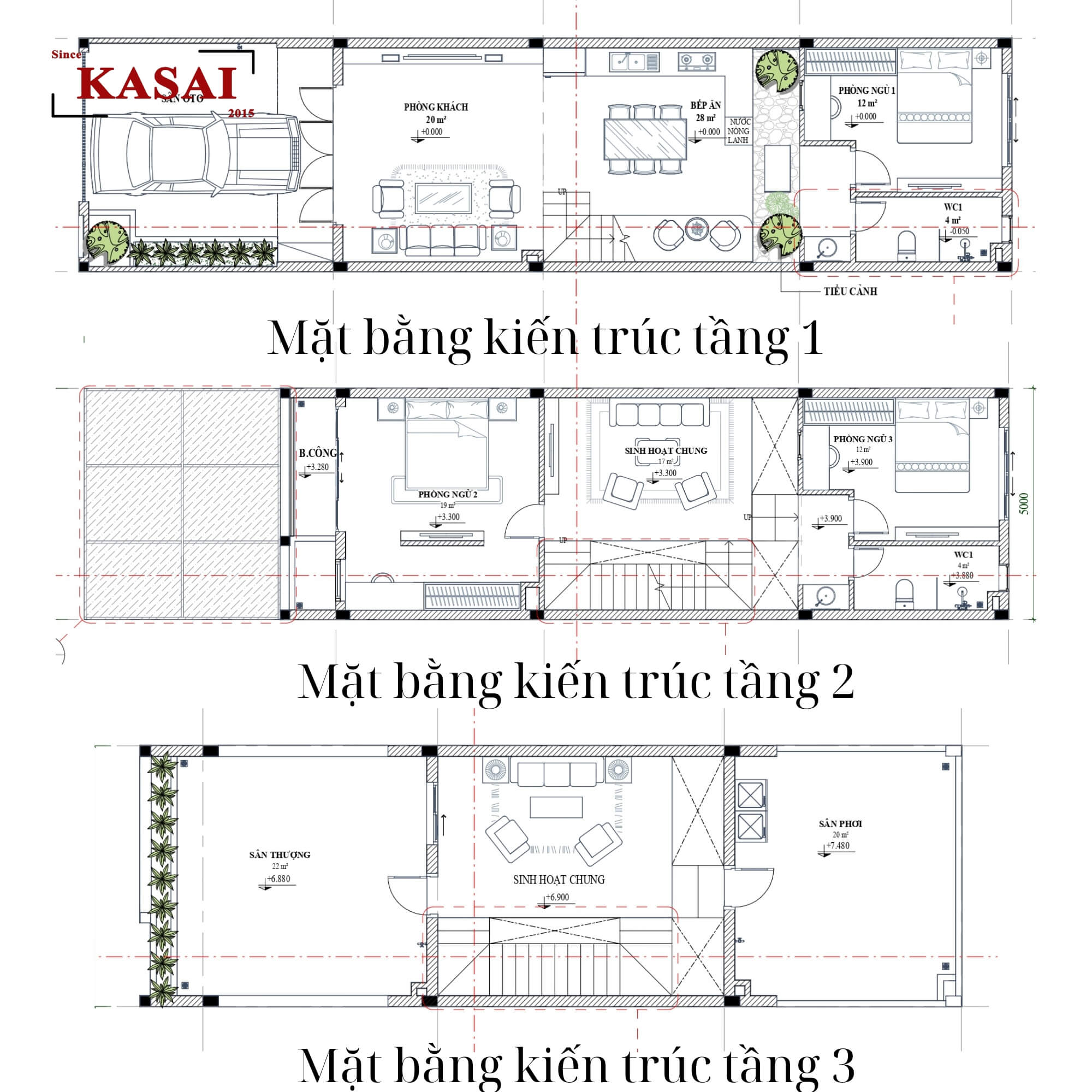 Mặt bằng kiến trúc nhà 5x15m 2 tầng 1 tum