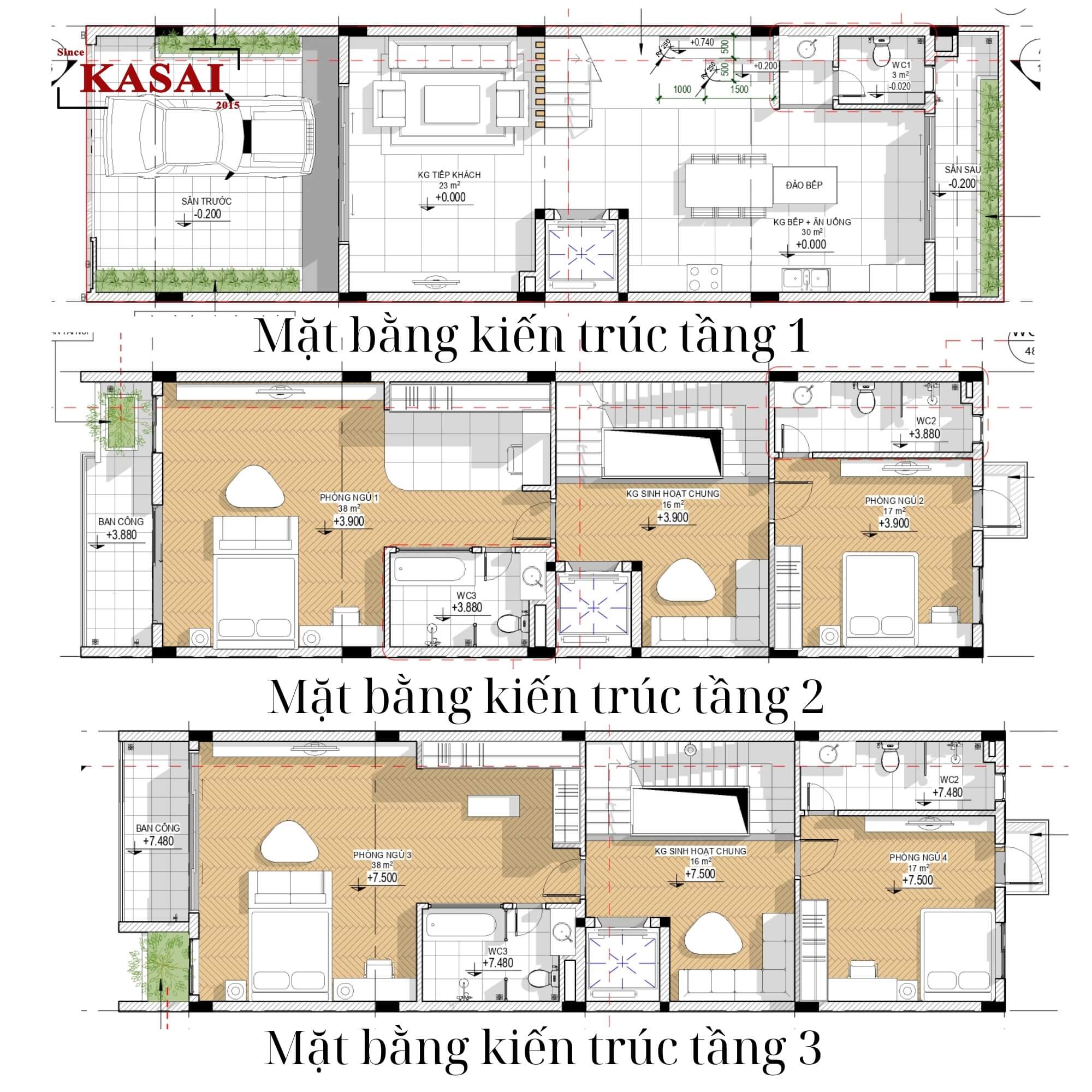 Mặt bằng kiến trúc tầng 1, 2, 3 nhà 5 tầng 6x20