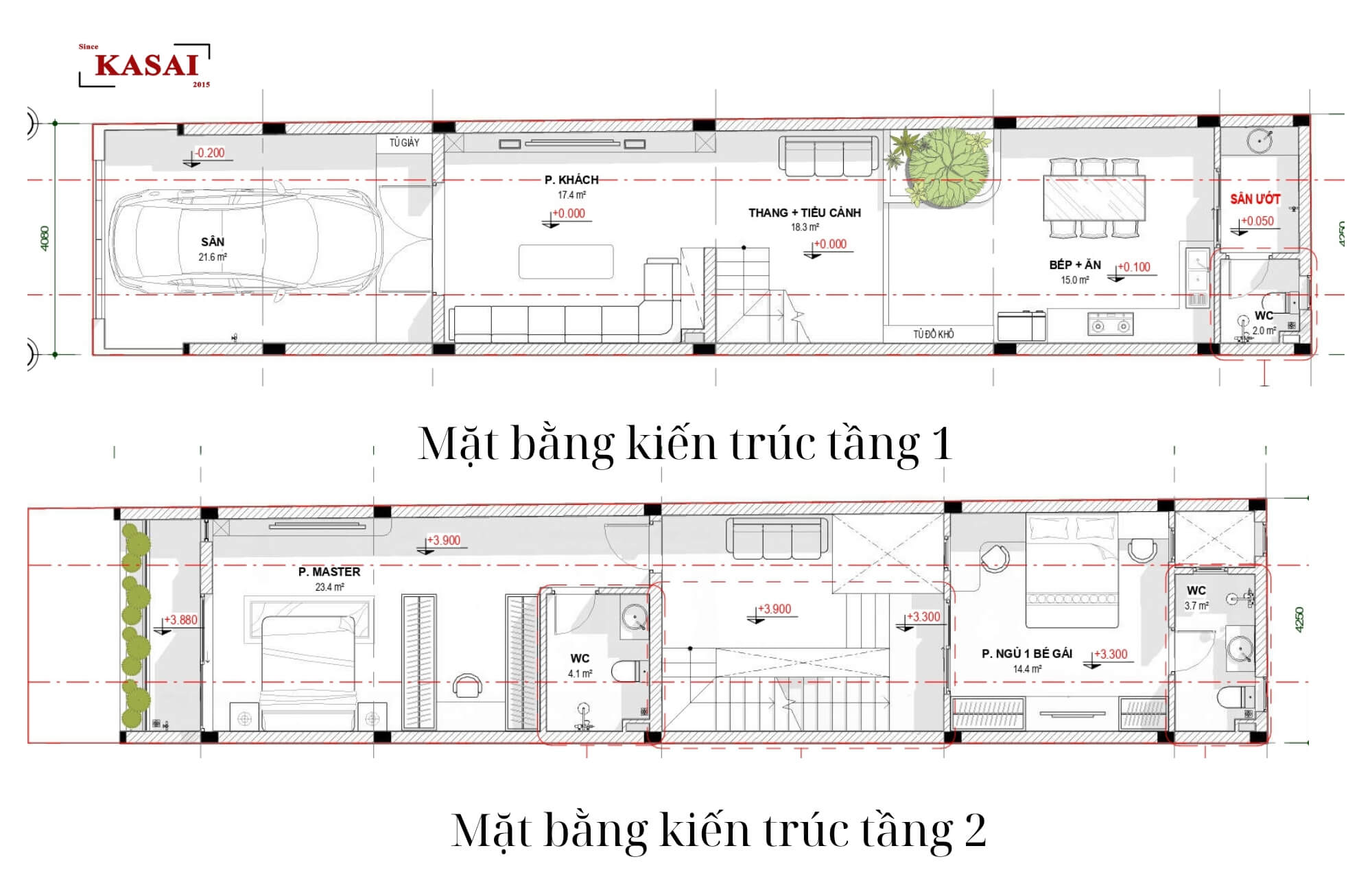 Mặt bằng kiến trúc tầng 1, 2 nhà 4 tầng 5m