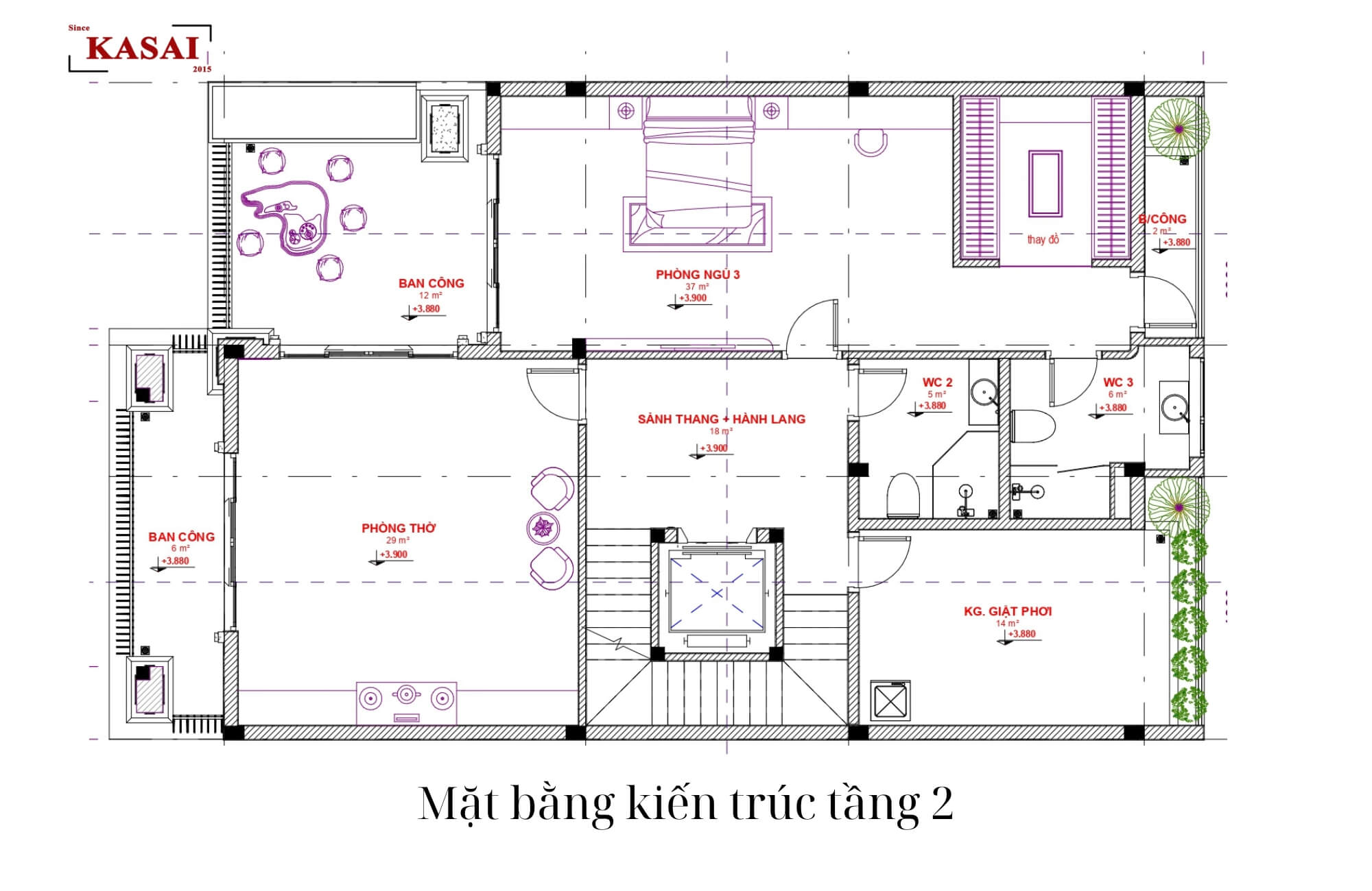 Mặt bằng kiến trúc tầng 2 biệt thự 10x20m