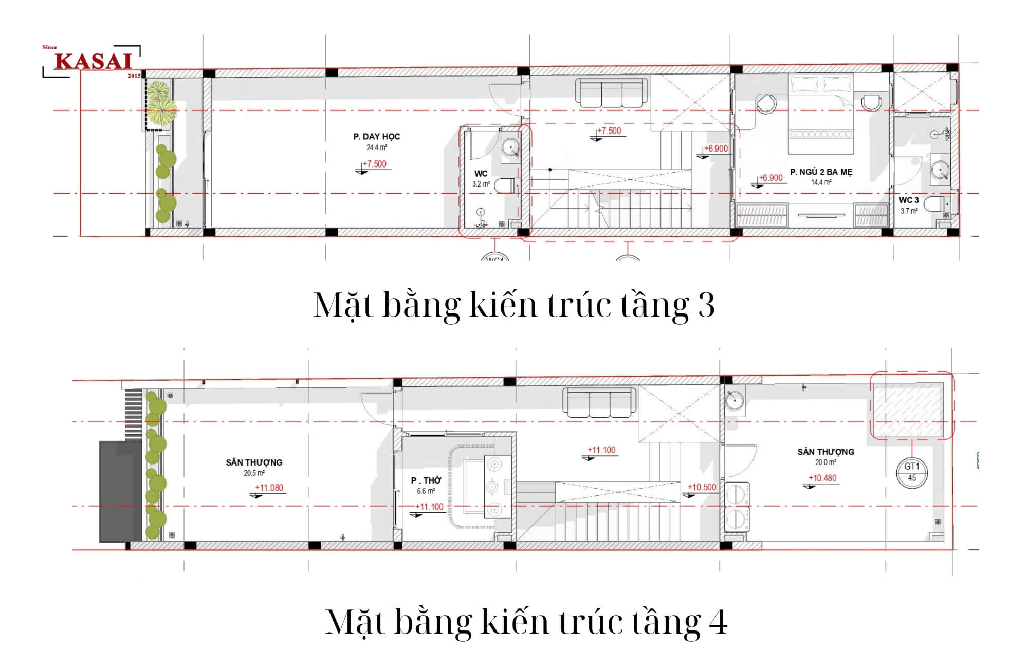 Mặt bằng kiến trúc tầng, 3, 4 nhà 4 tầng 5m