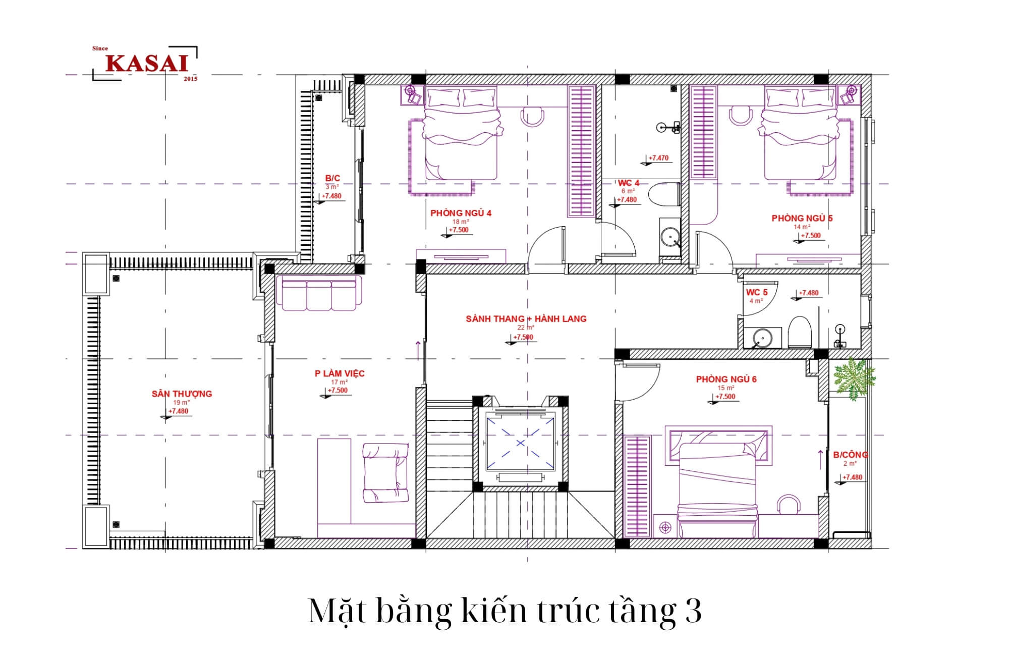 Mặt bằng kiến trúc tầng 3 biệt thự 10x20m