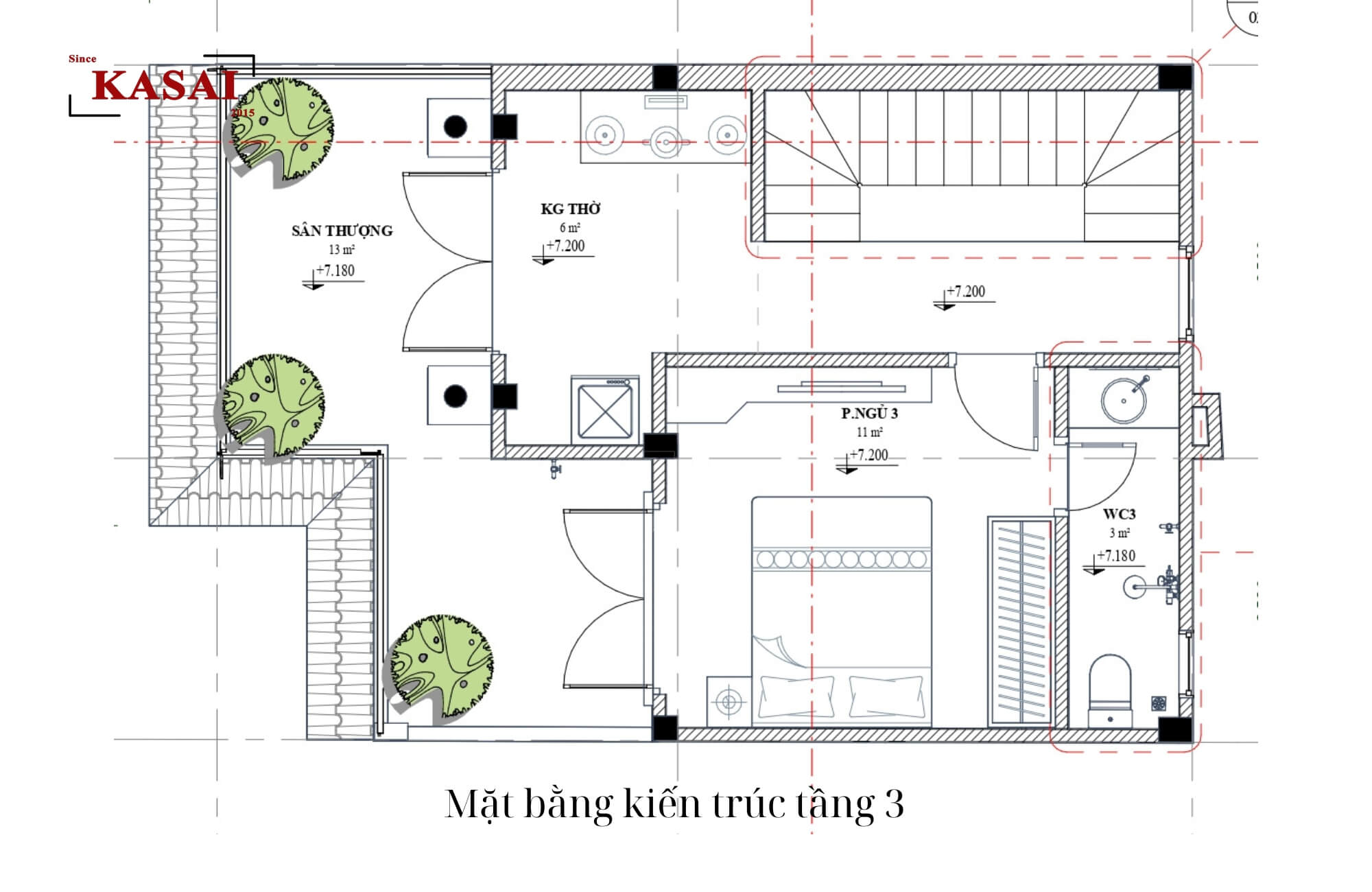 Mặt bằng kiến trúc tầng 3 biệt thự tân cổ điển 7x9