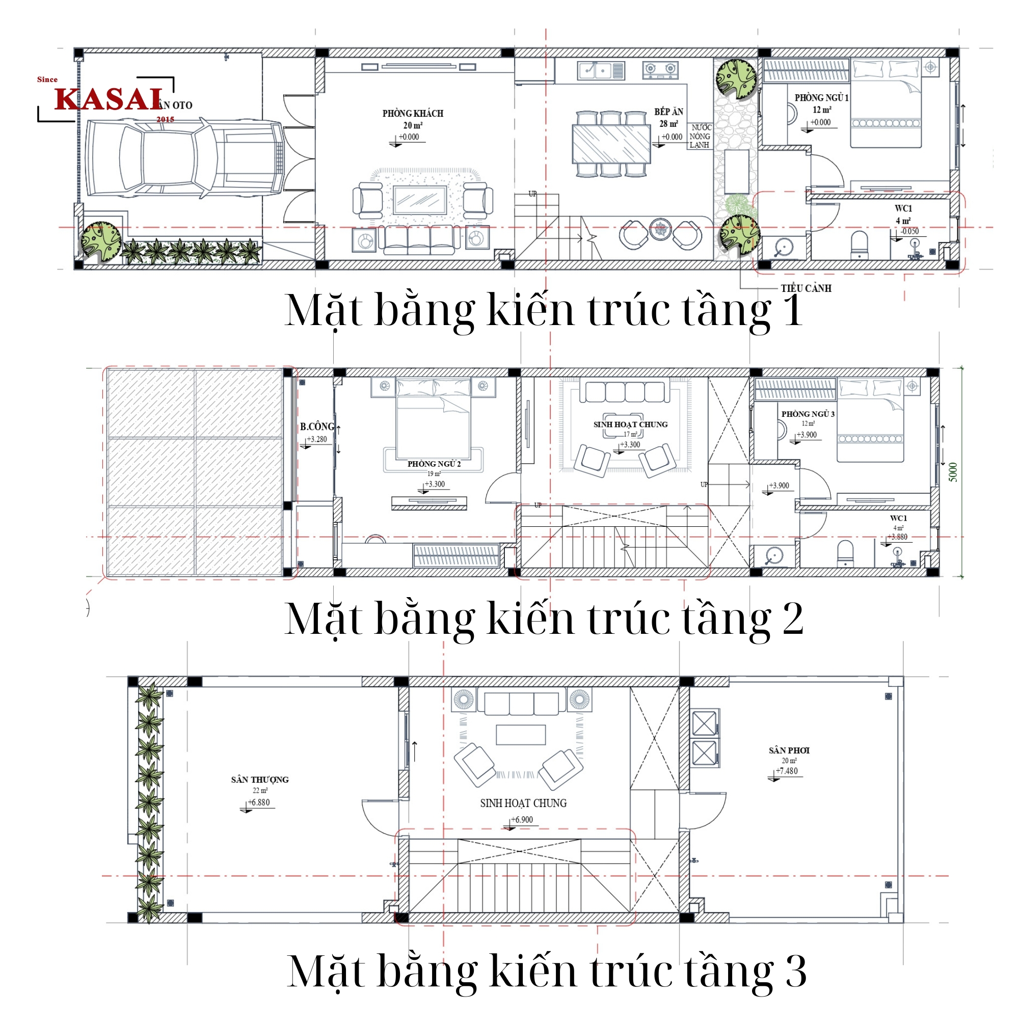 Bản vẽ mặt bằng thiết kế nhà 3 tầng 5x20 có giếng trời