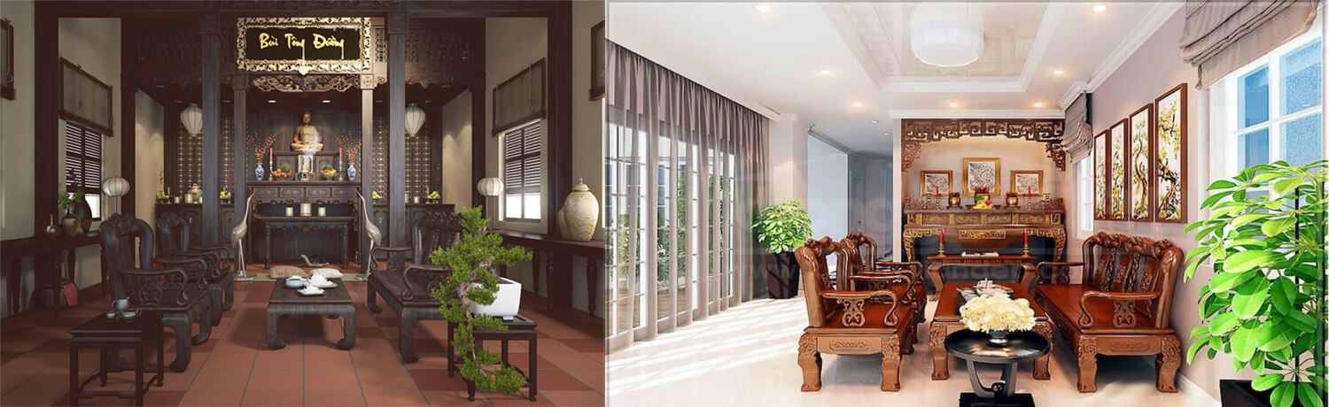 Mẫu phòng khách kết hợp phòng thờ tầng 1