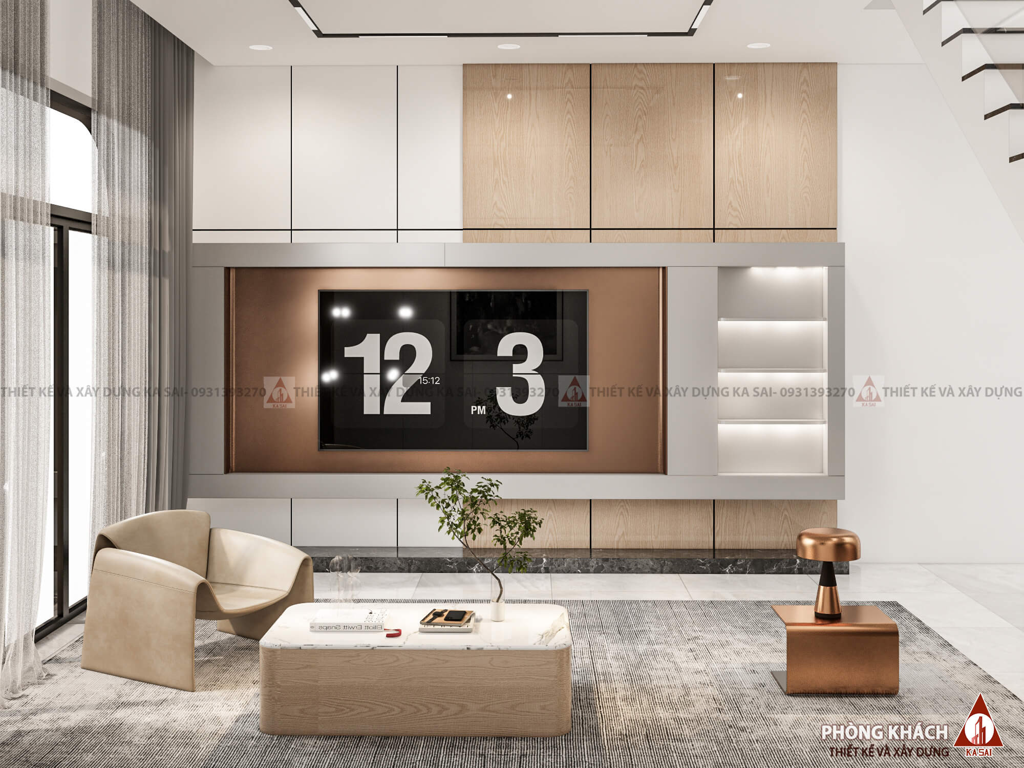 Phòng khách nhà ống 5x20 3 tầng 3 phòng ngủ 1 phòng thờ