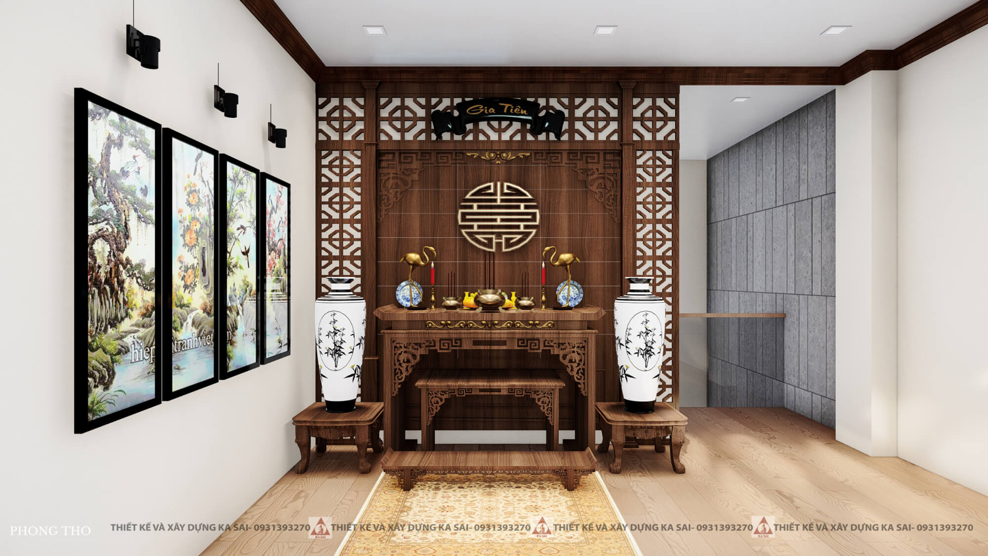 Phòng thờ nhà tân cổ điển 4 tầng đẹp 5x21m