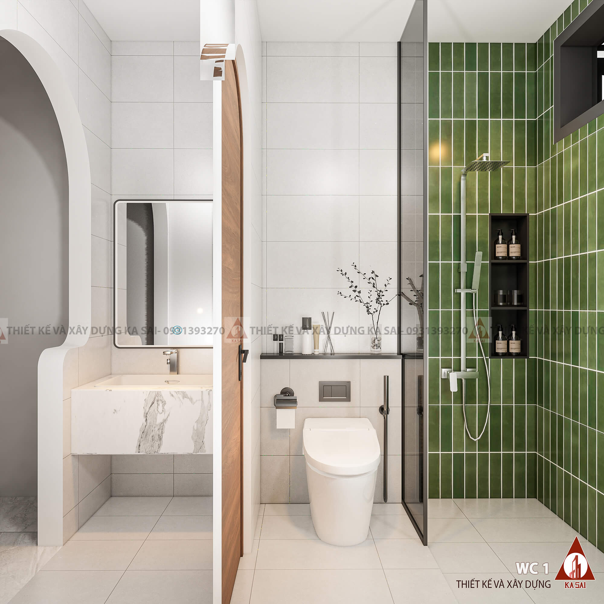 Phòng WC nhà ống 3 tầng mái ngói