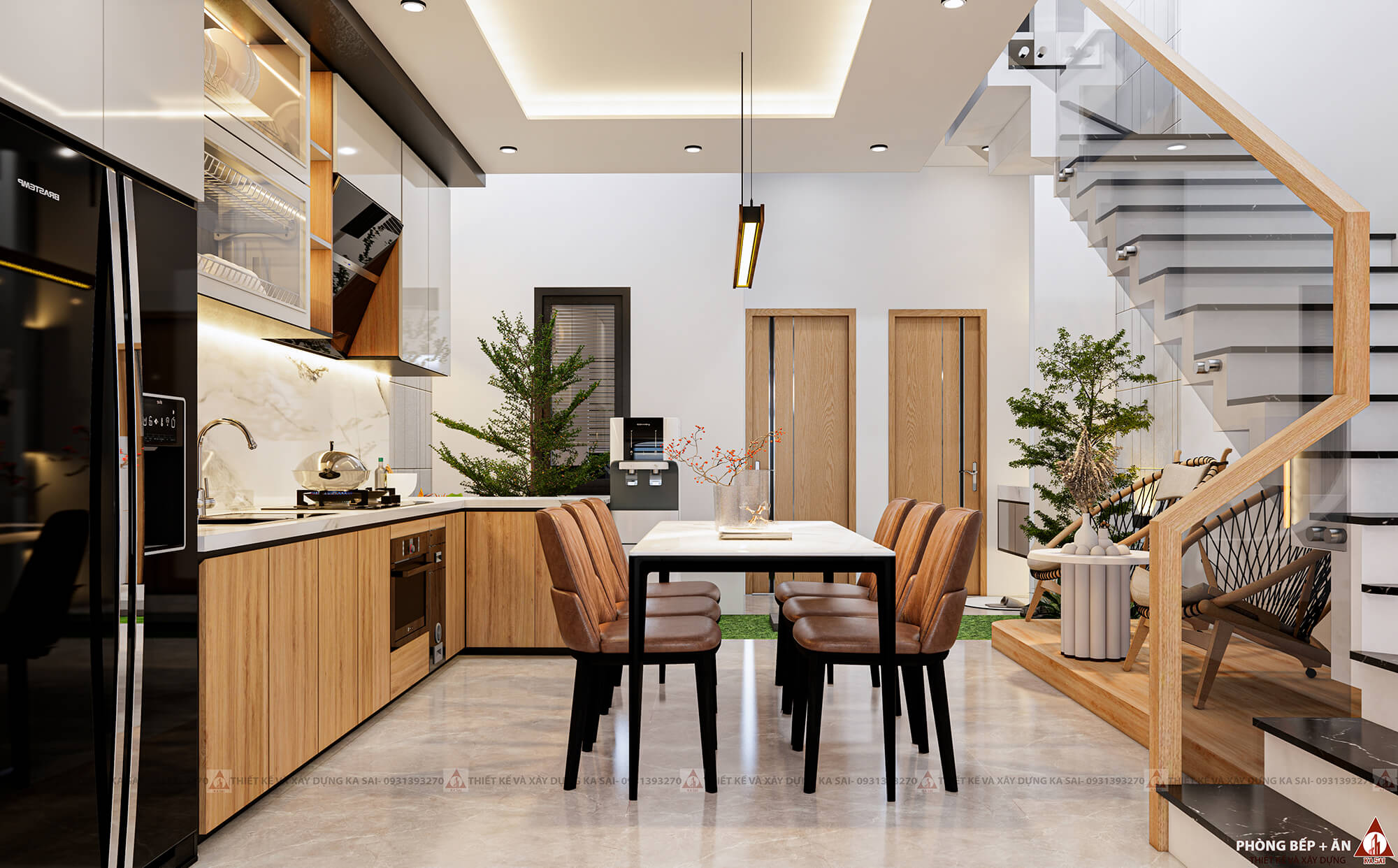 Thiết kế phòng bếp nhà ống 3 tầng có giếng trời diện tích 5x20m đẹp