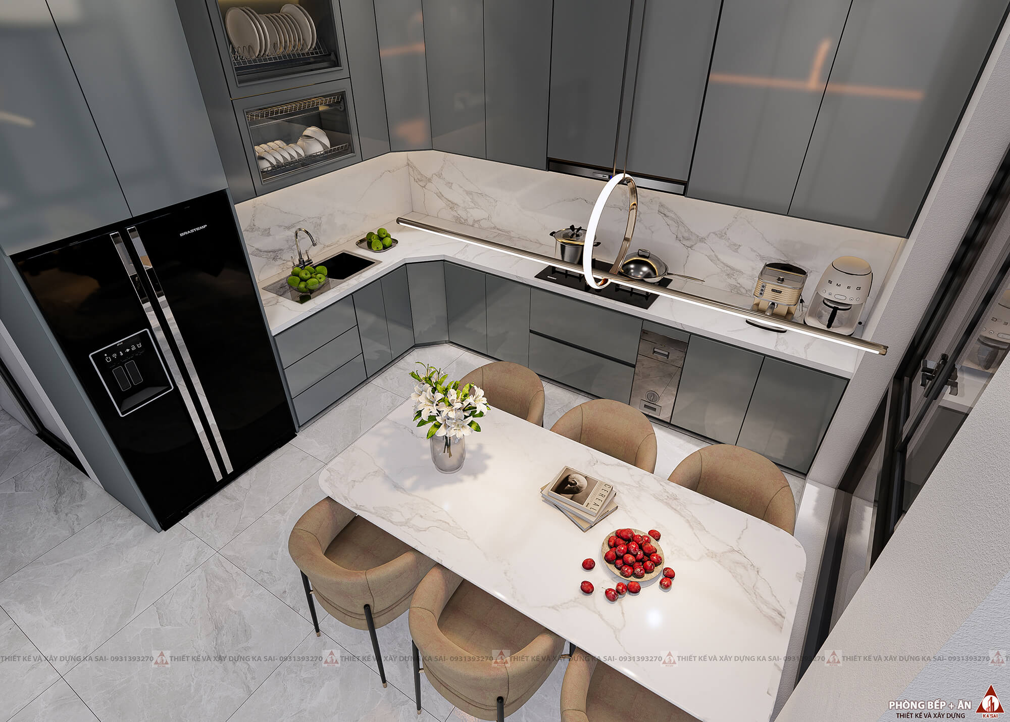 Thiết kế phòng bếp nhà rộng 7m dài 15m 2 tầng mái Nhật