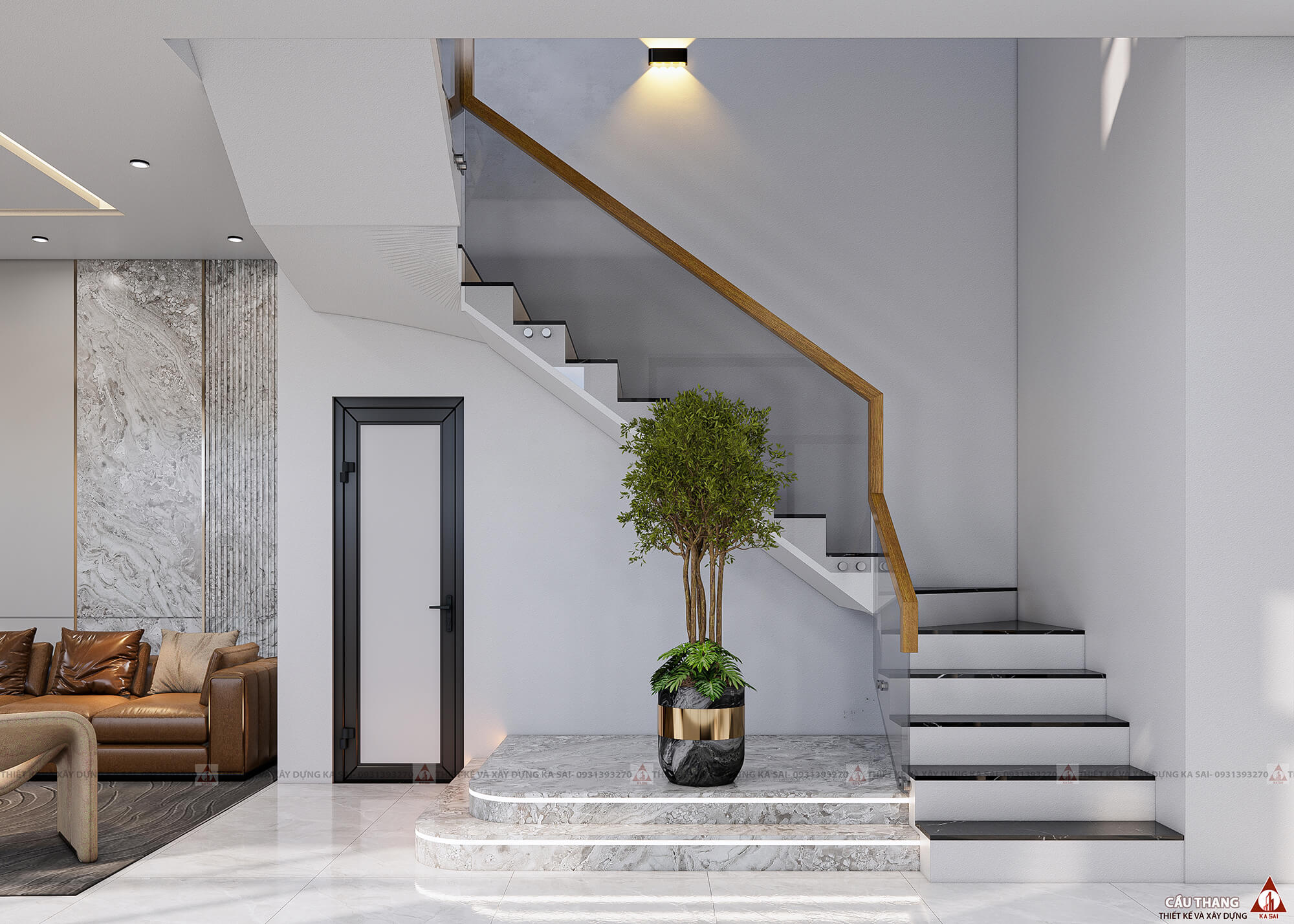 Thiết kế cầu thang nhà 7m dài 15m 2 tàng mái Nhật