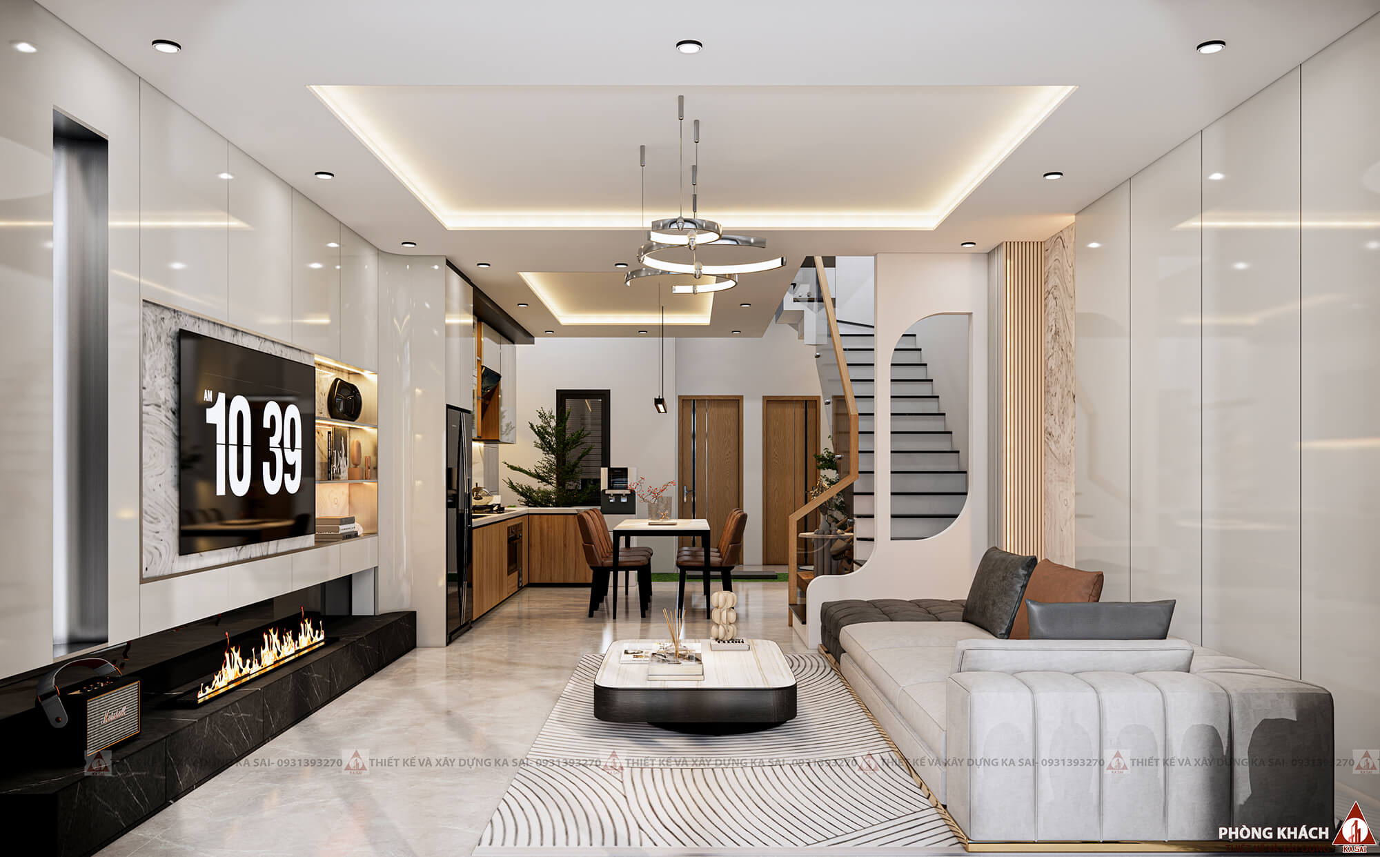Thiết kế phòng khách nhà ống 3 tầng có giếng trời diện tích 5x20m đẹp