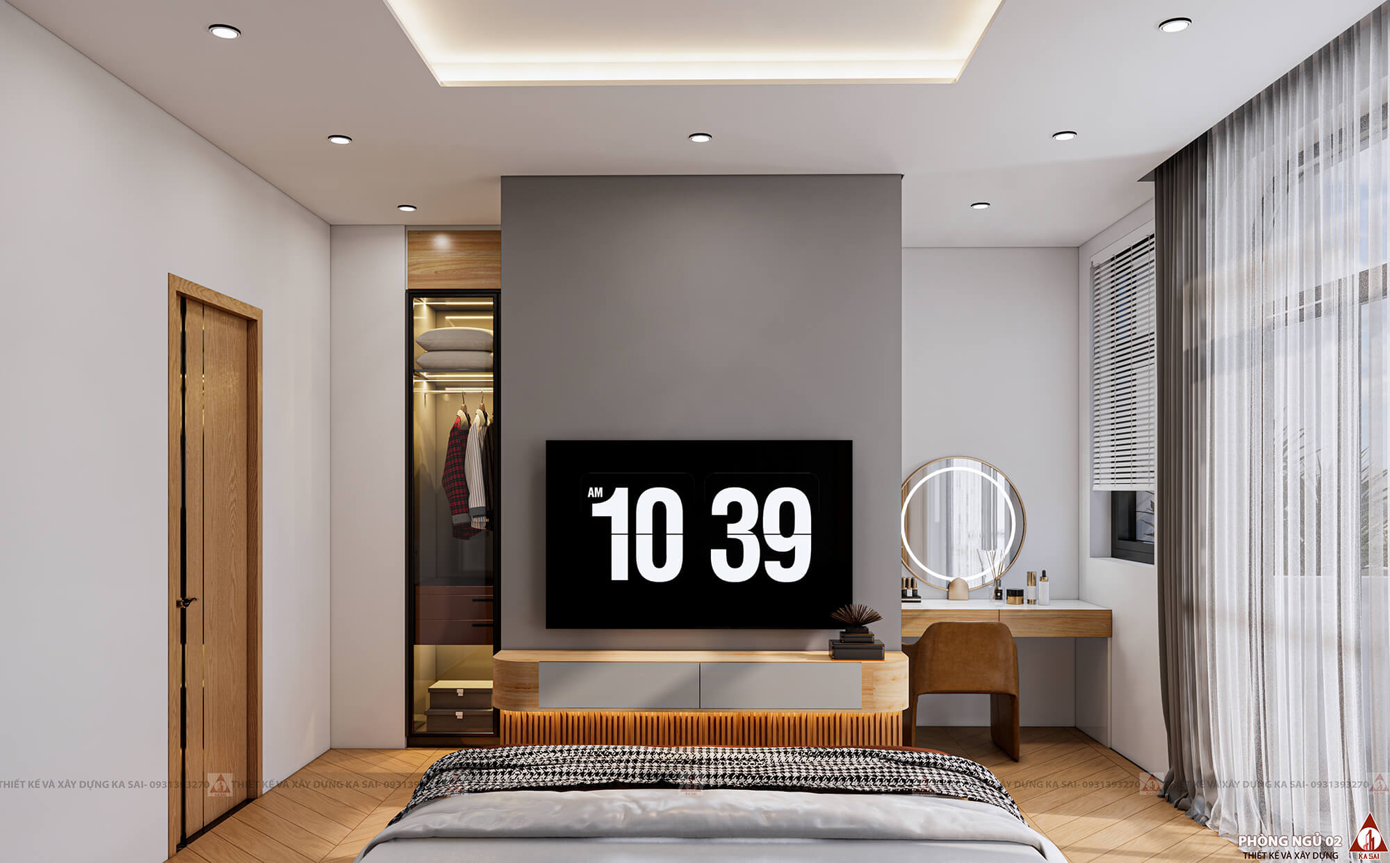 Thiết kế phòng ngủ 2 nhà ống 3 tầng có giếng trời diện tích 5x20m đẹp
