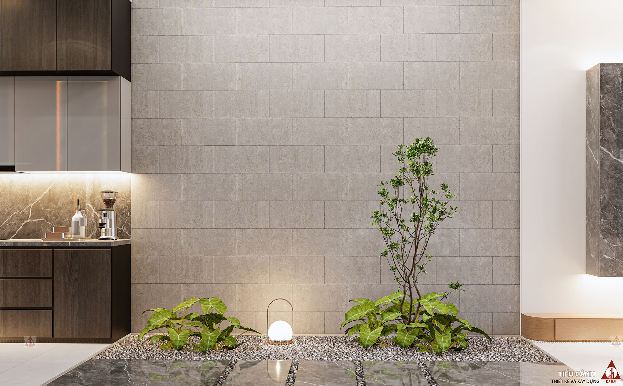 Tiểu cảnh cây xanh nhà 5x20 hiện đại