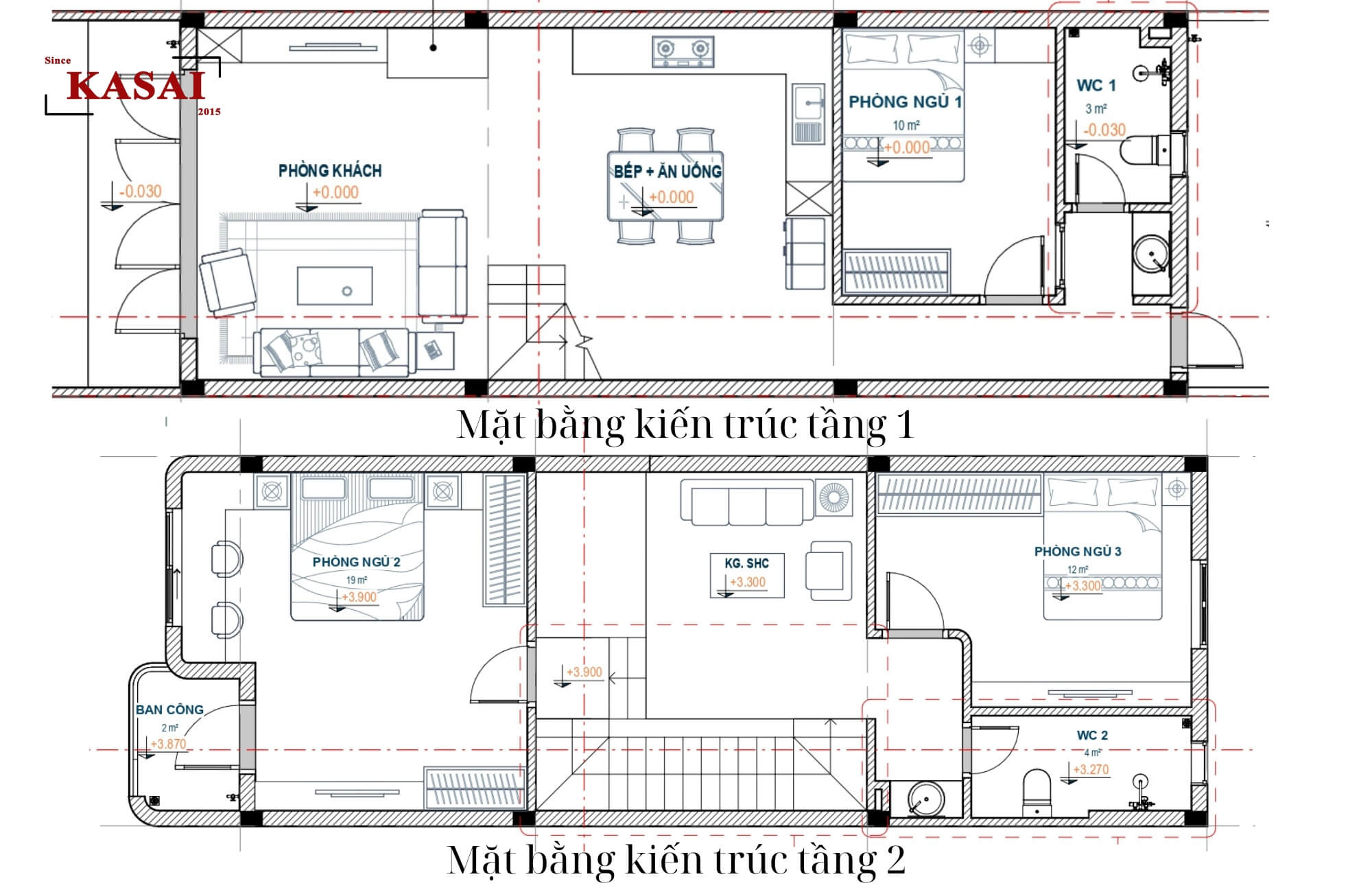 Bản vẽ nhà 2 tầng 5x16m có 3 phòng ngủ
