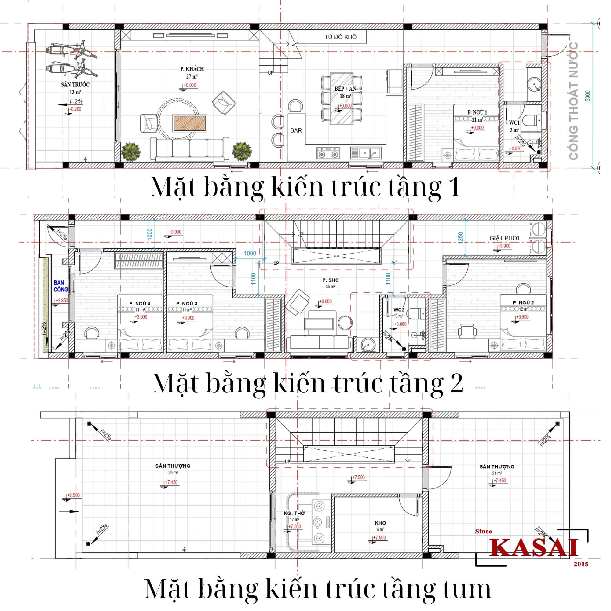 Bản vẽ thiết kế nhà 2 tầng 1 tum 5x16m