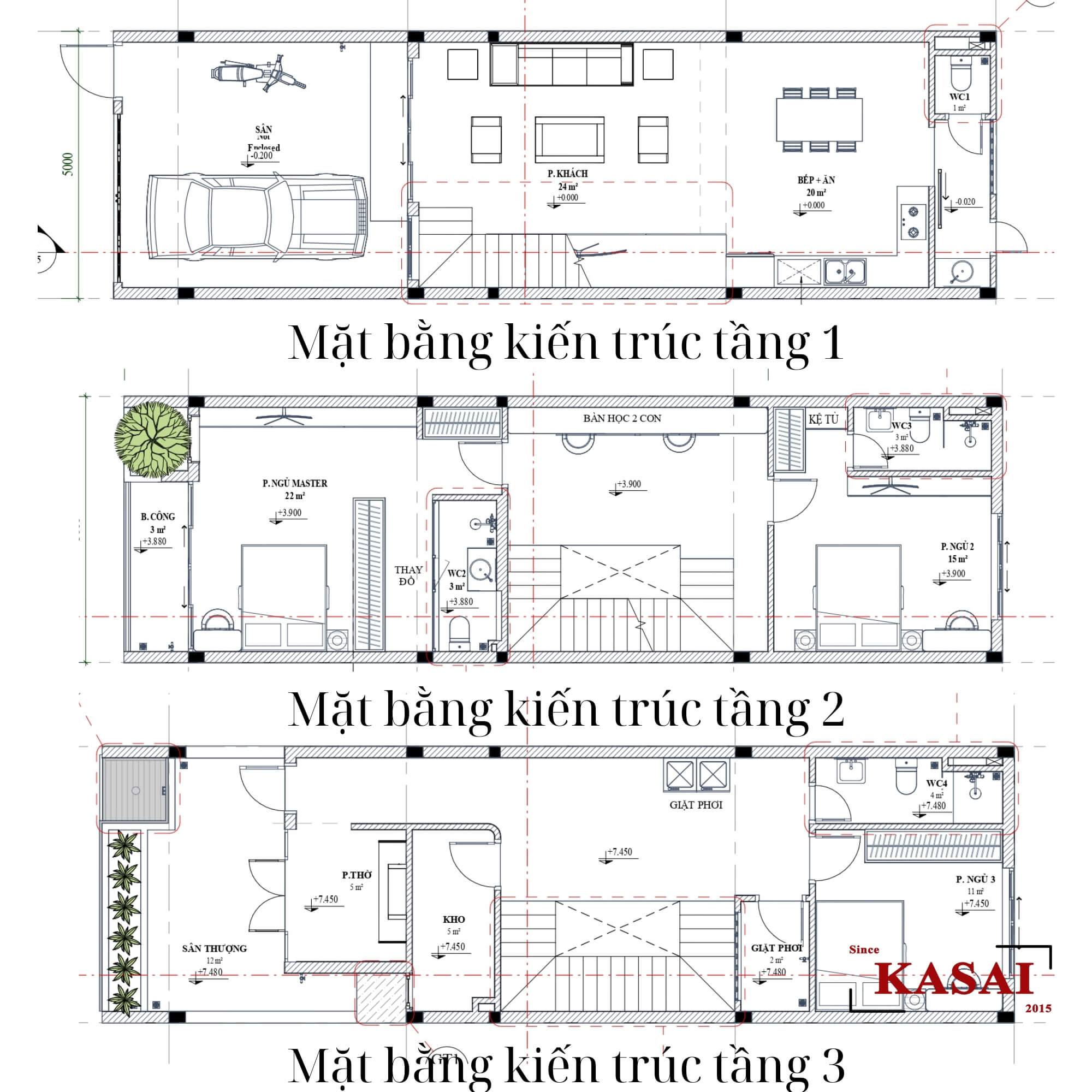 Bản vẽ nhà 3 tầng 5x16m đẹp