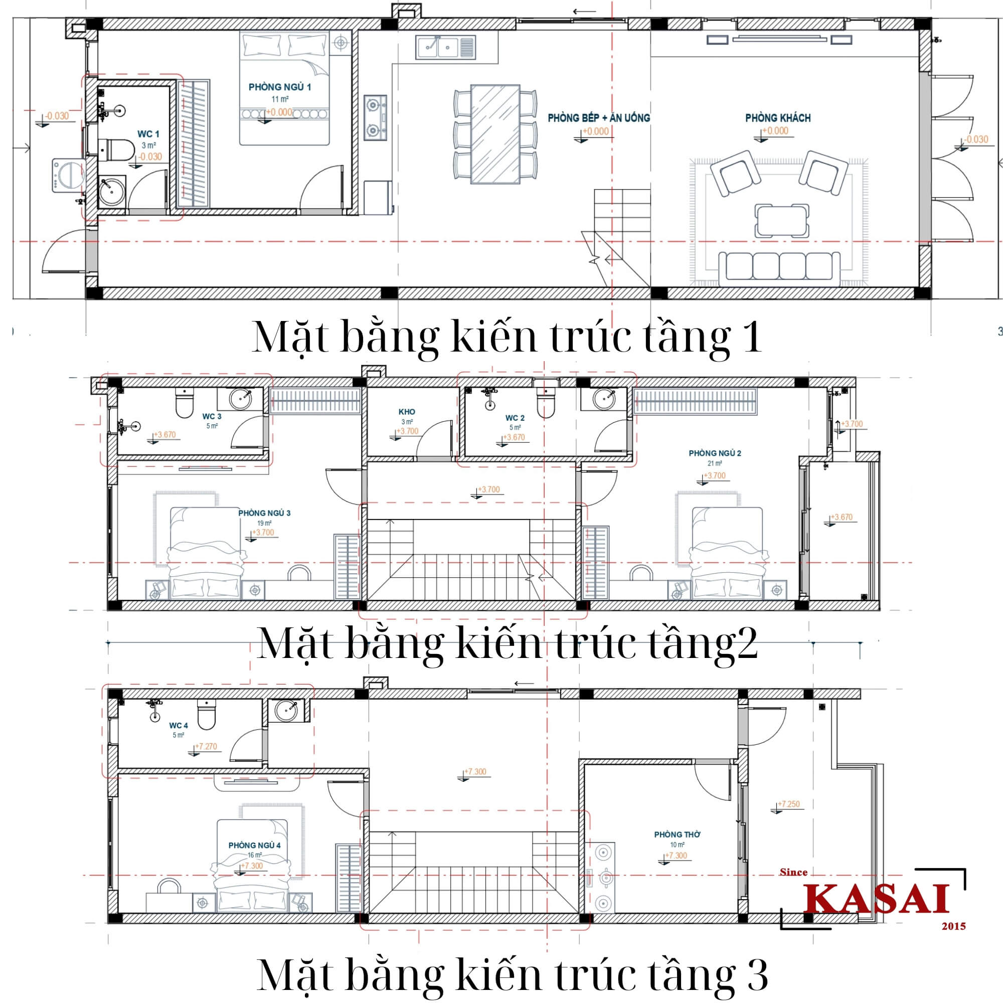 Bản vẽ nhà 3 tầng 5x16m