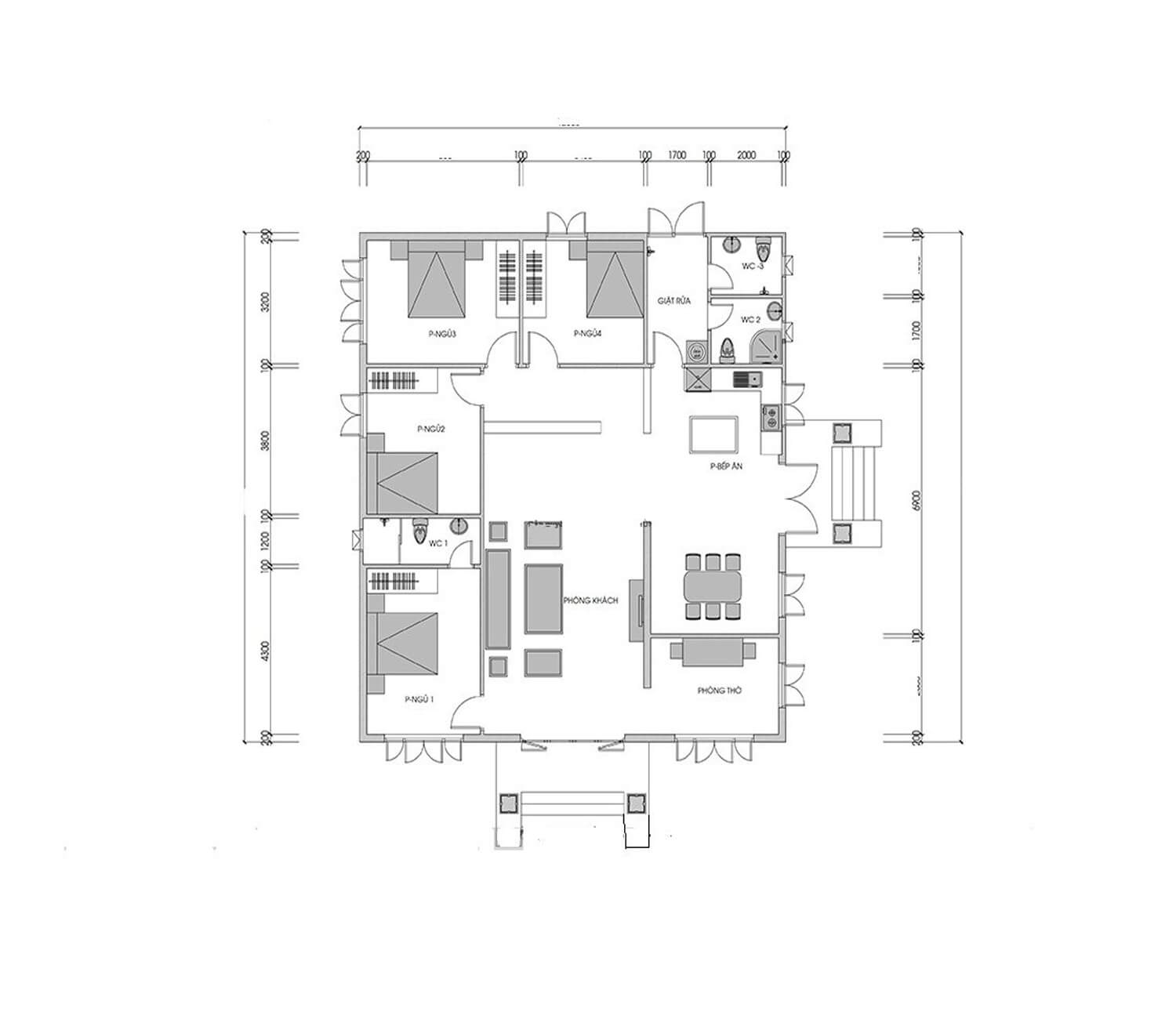Bản vẽ nhà cấp 4 4 phòng ngủ 150m2