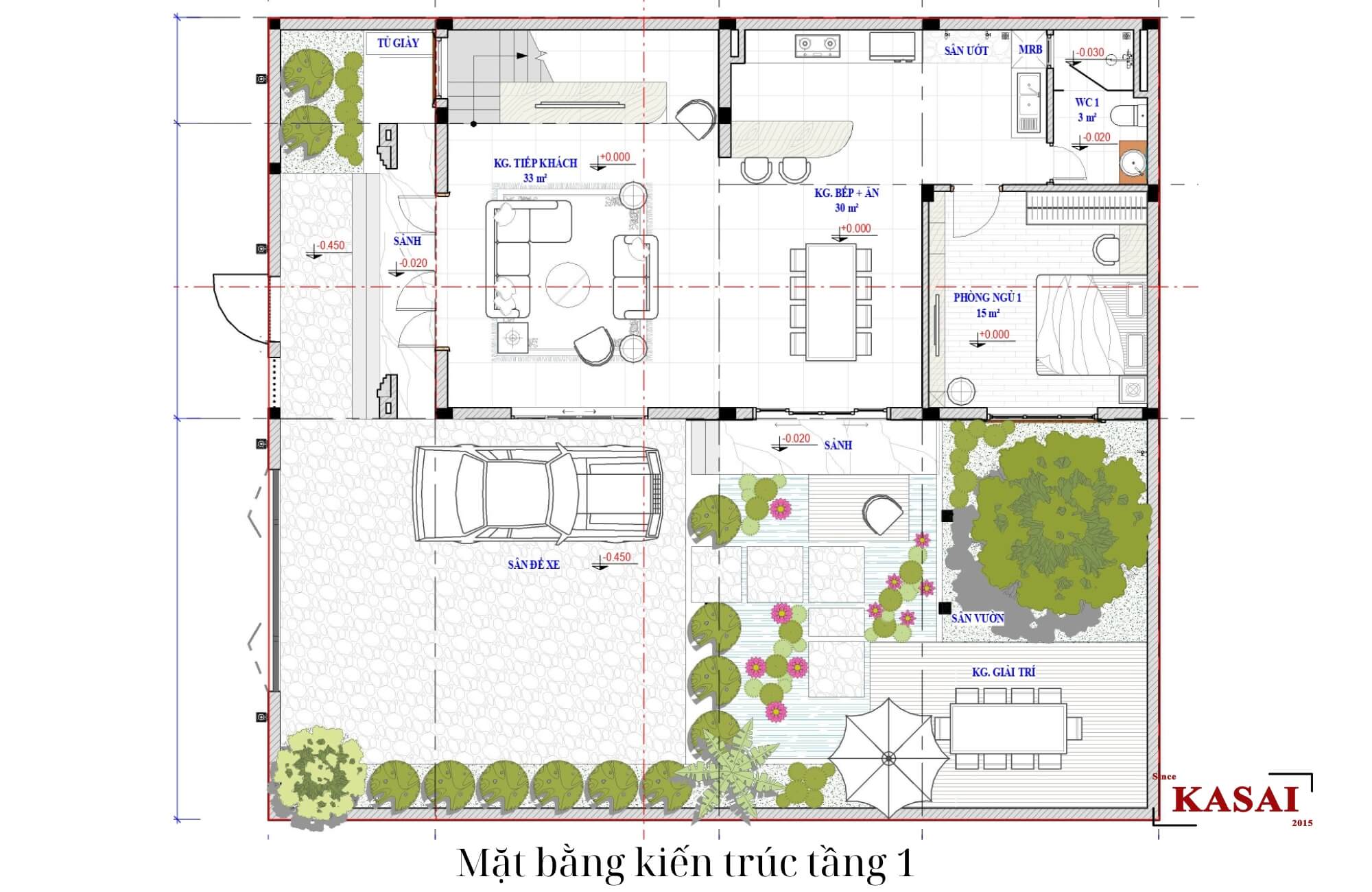 Bản vẽ tầng 1 biệt thự sân vườn hiện đại 3 tầng