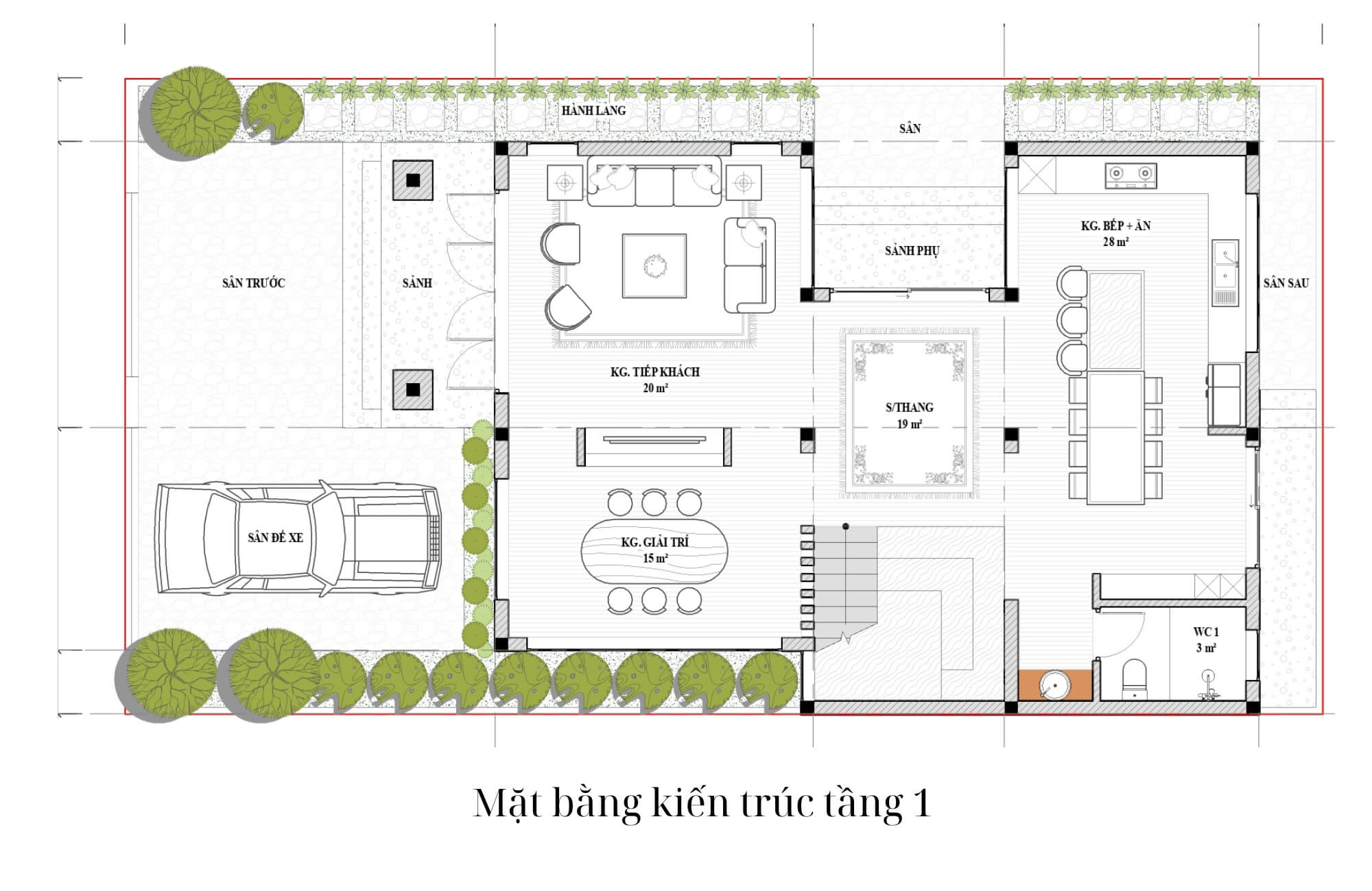 Bản vẽ tầng 1 thiết kế biệt thự 200m2 3 tầng