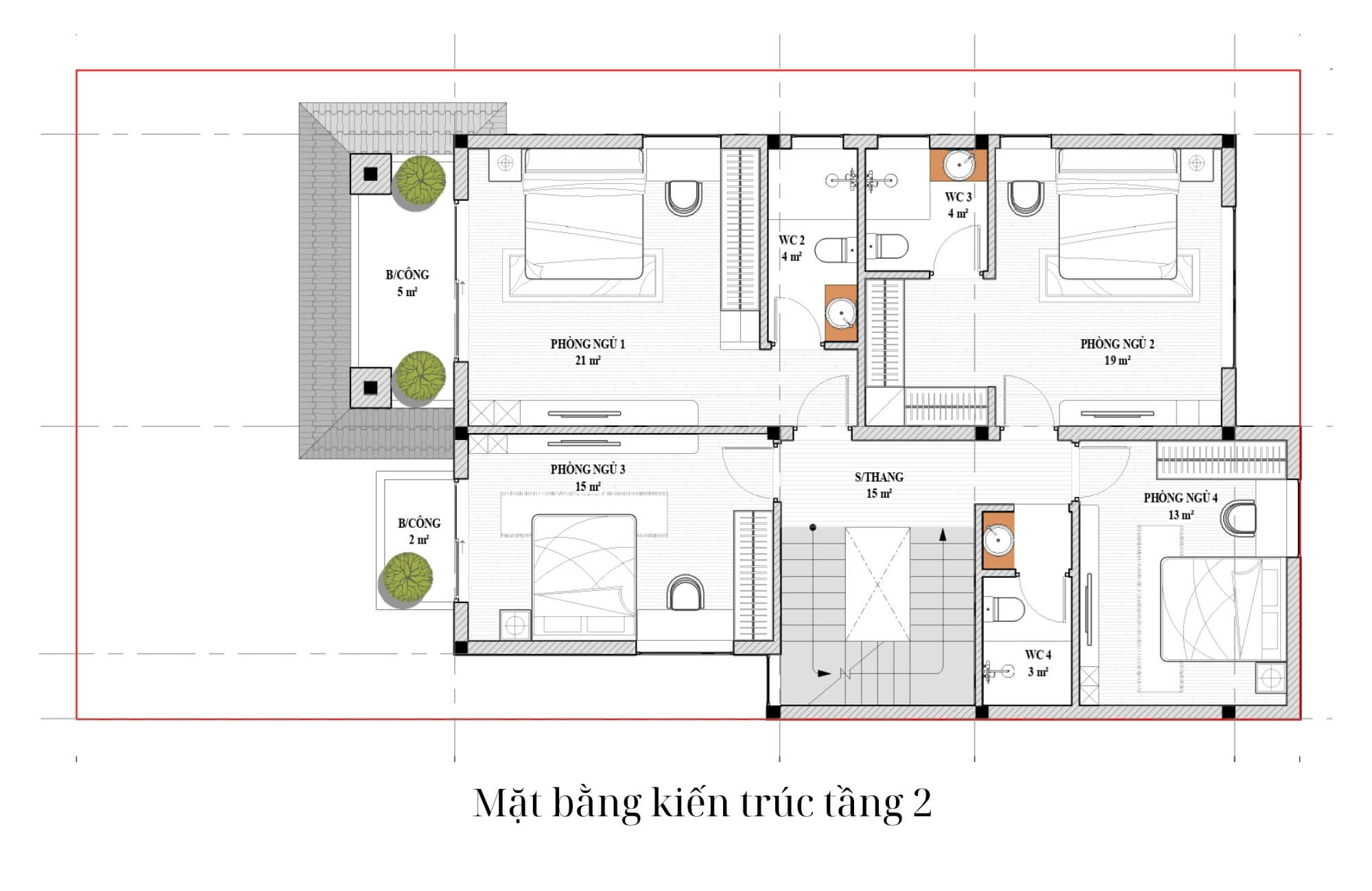 Bản vẽ tầng 2 thiết kế biệt thự 200m2 3 tầng
