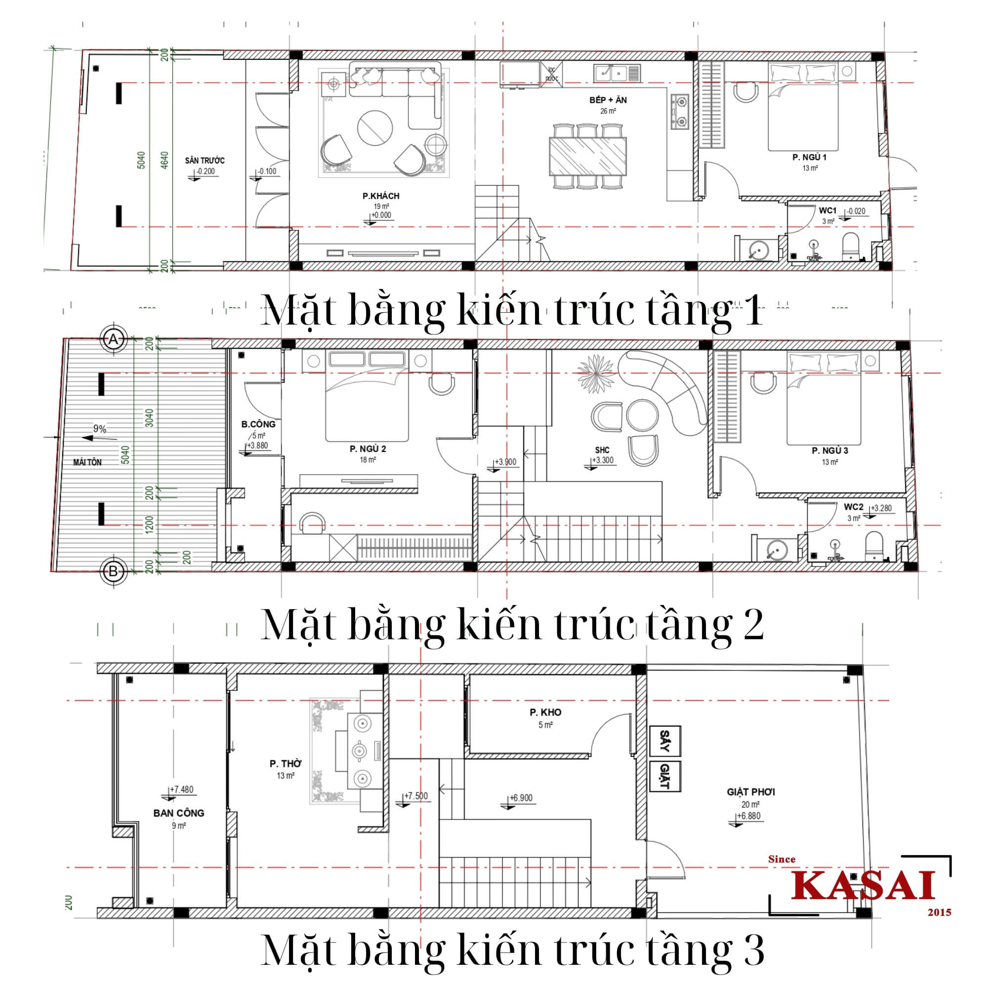 Mặt bằng nhà 3 tầng 5x16m