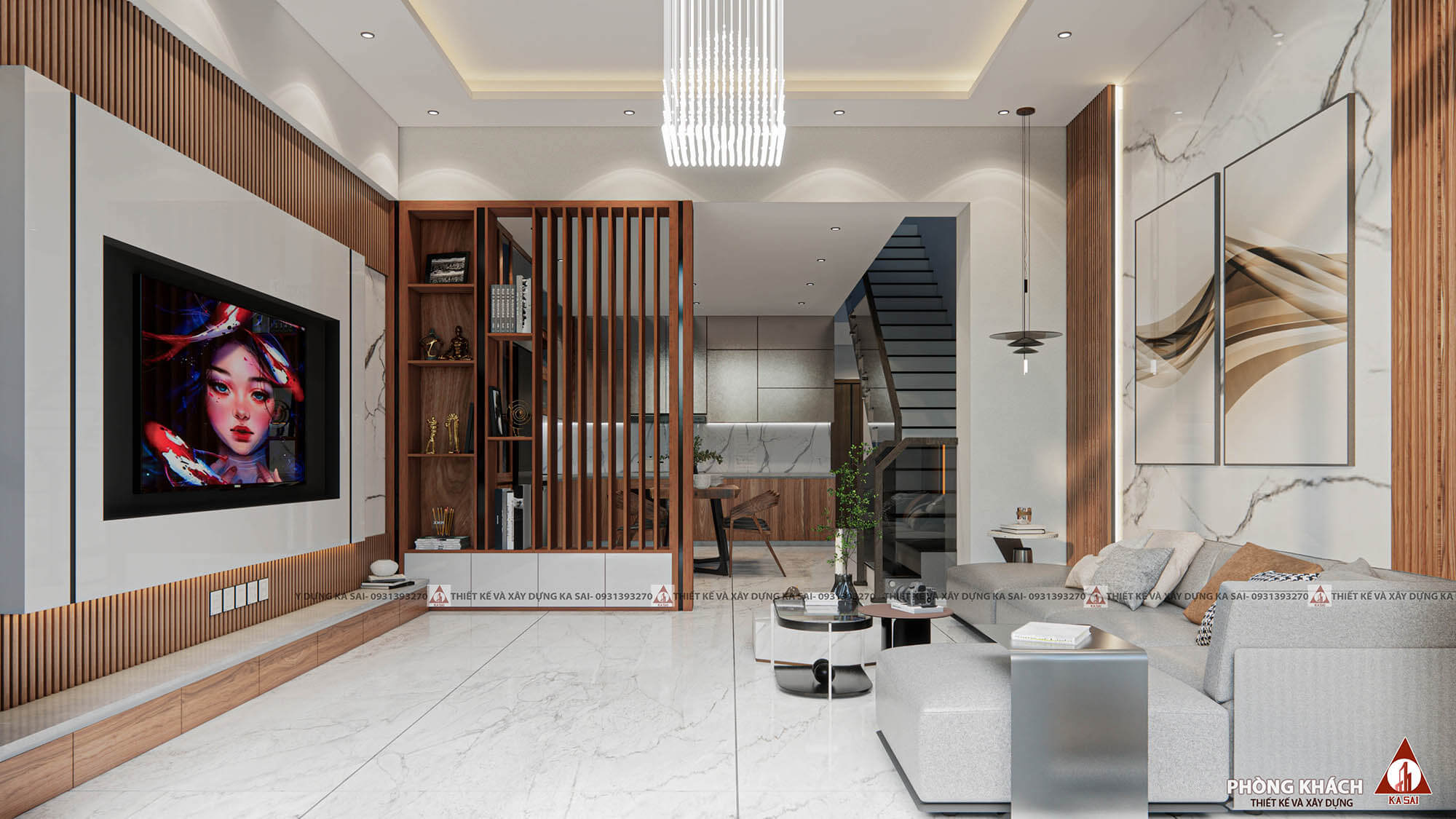 Phòng khách nhà 2 tầng 4 phòng ngủ 80m2