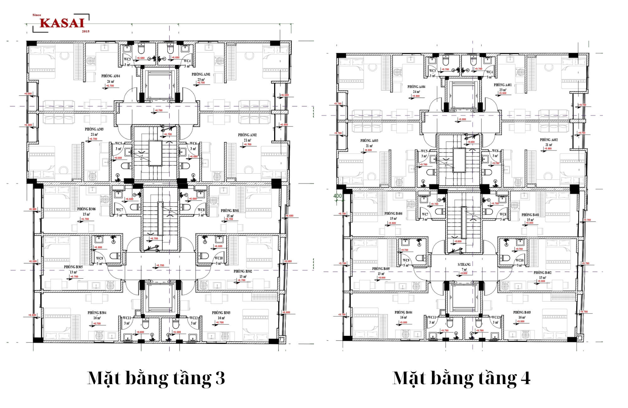 Bản vẽ tầng 3,4 căn hộ 7 tầng 1 tum
