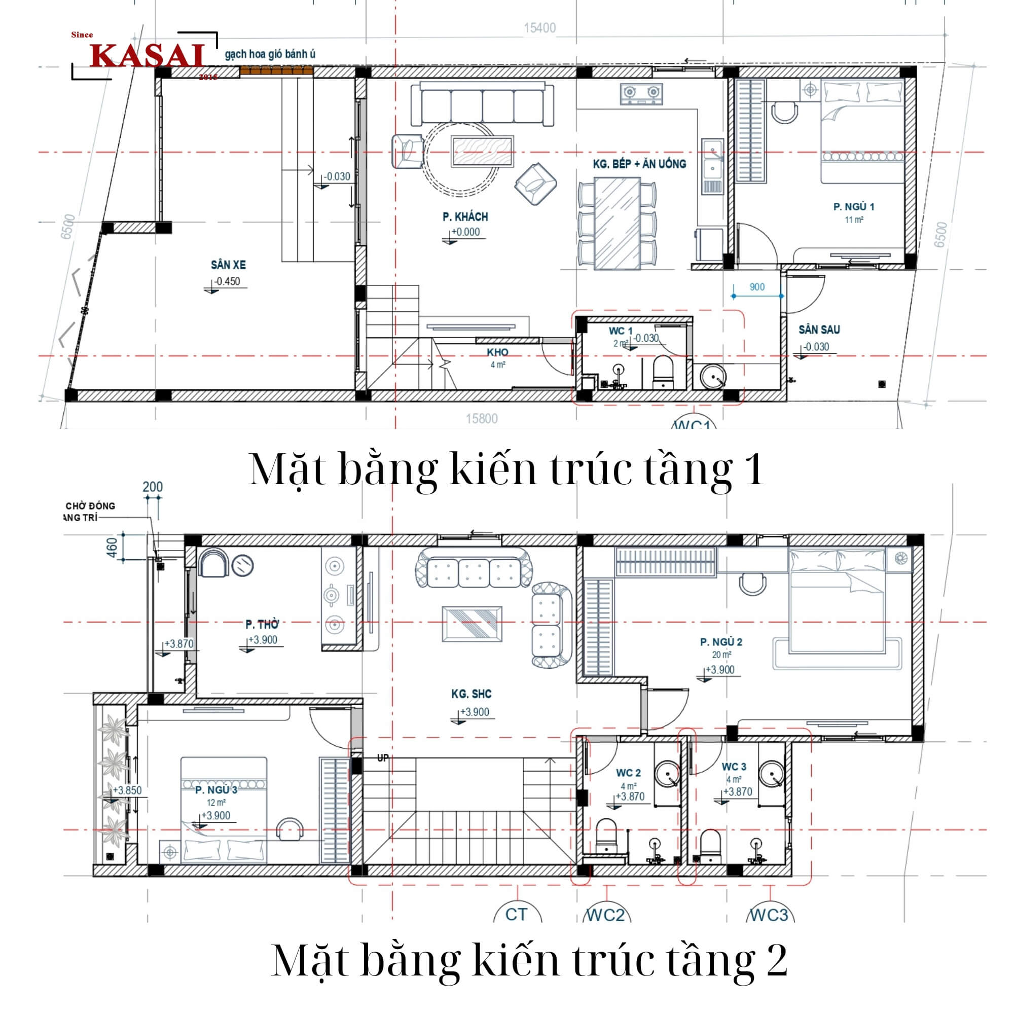 Bản vẽ thiết kế nhà 2 tầng 3 phòng ngủ 6x15m